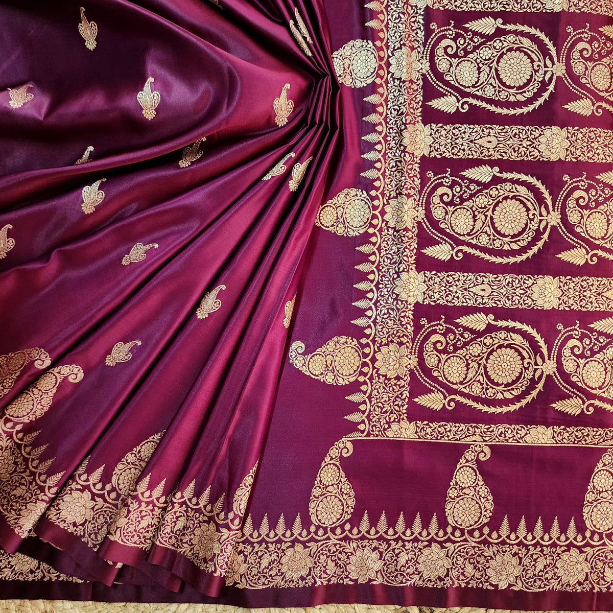 Wine Paisley Katan Silk Saree with Gold Zari
