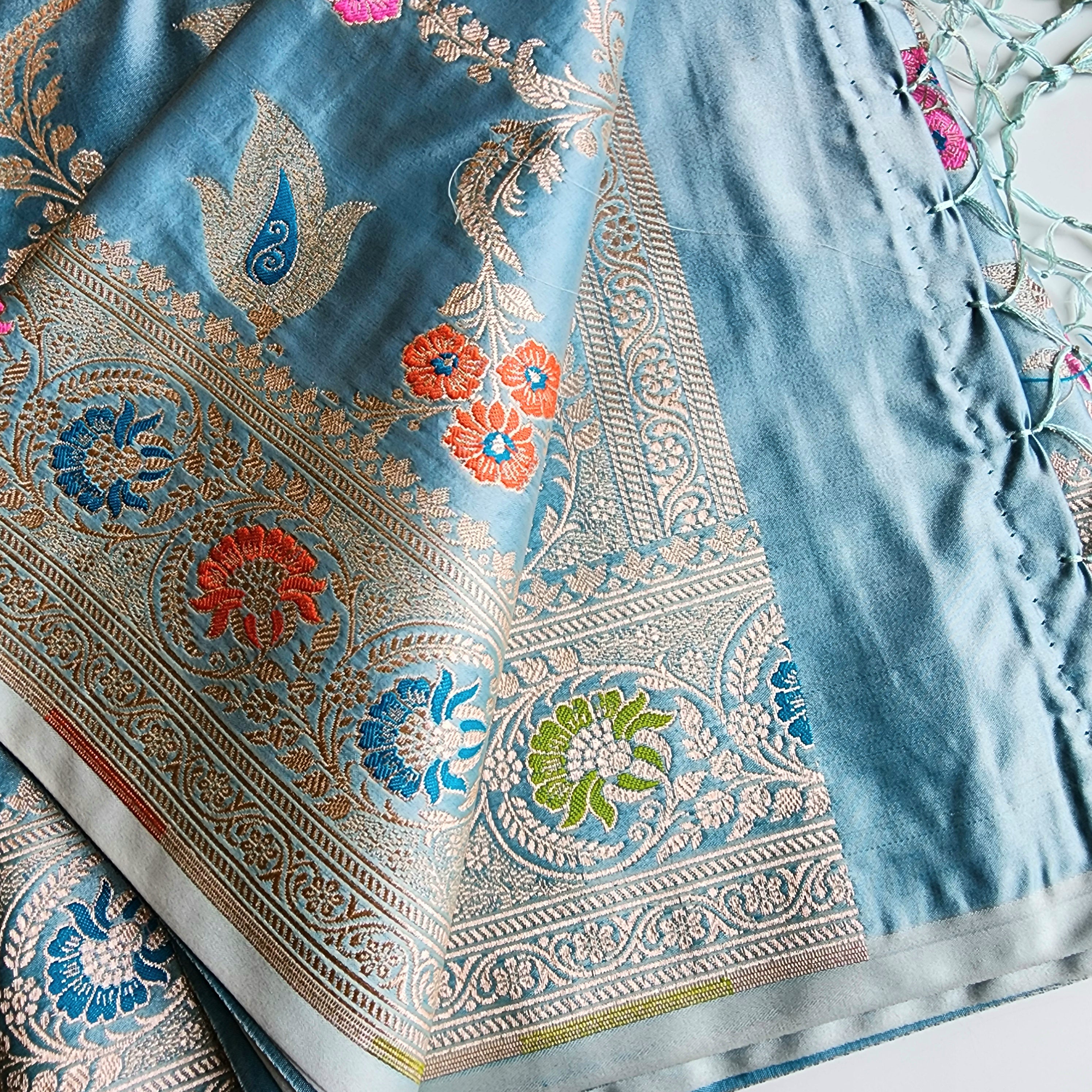 Enriched Powder Blue Banarasi Katan Silk Saree with Multicolor Meenakari Floral Jaal