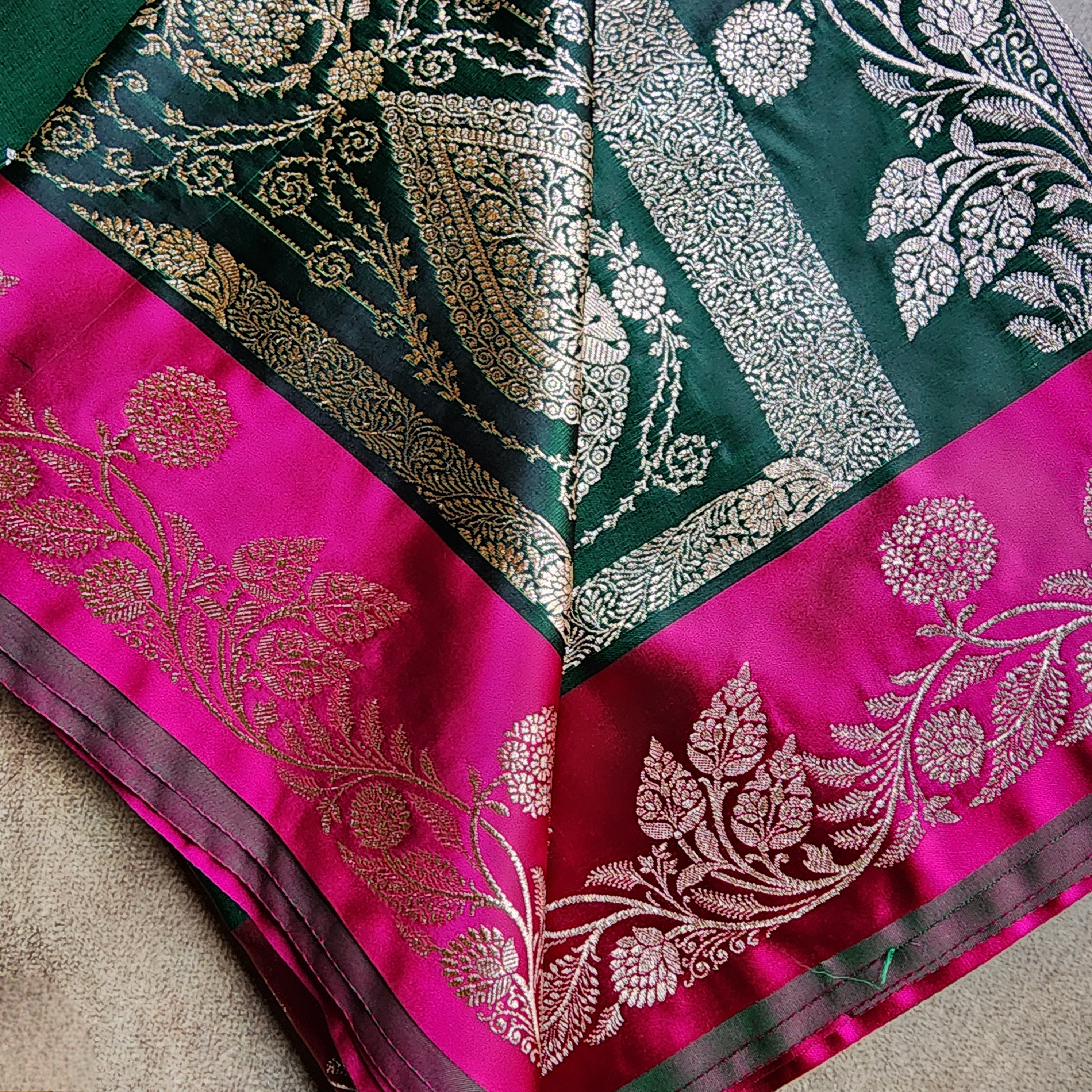 Emerald Green Pure Banarasi Katan Silk Saree with Bright Pink Border