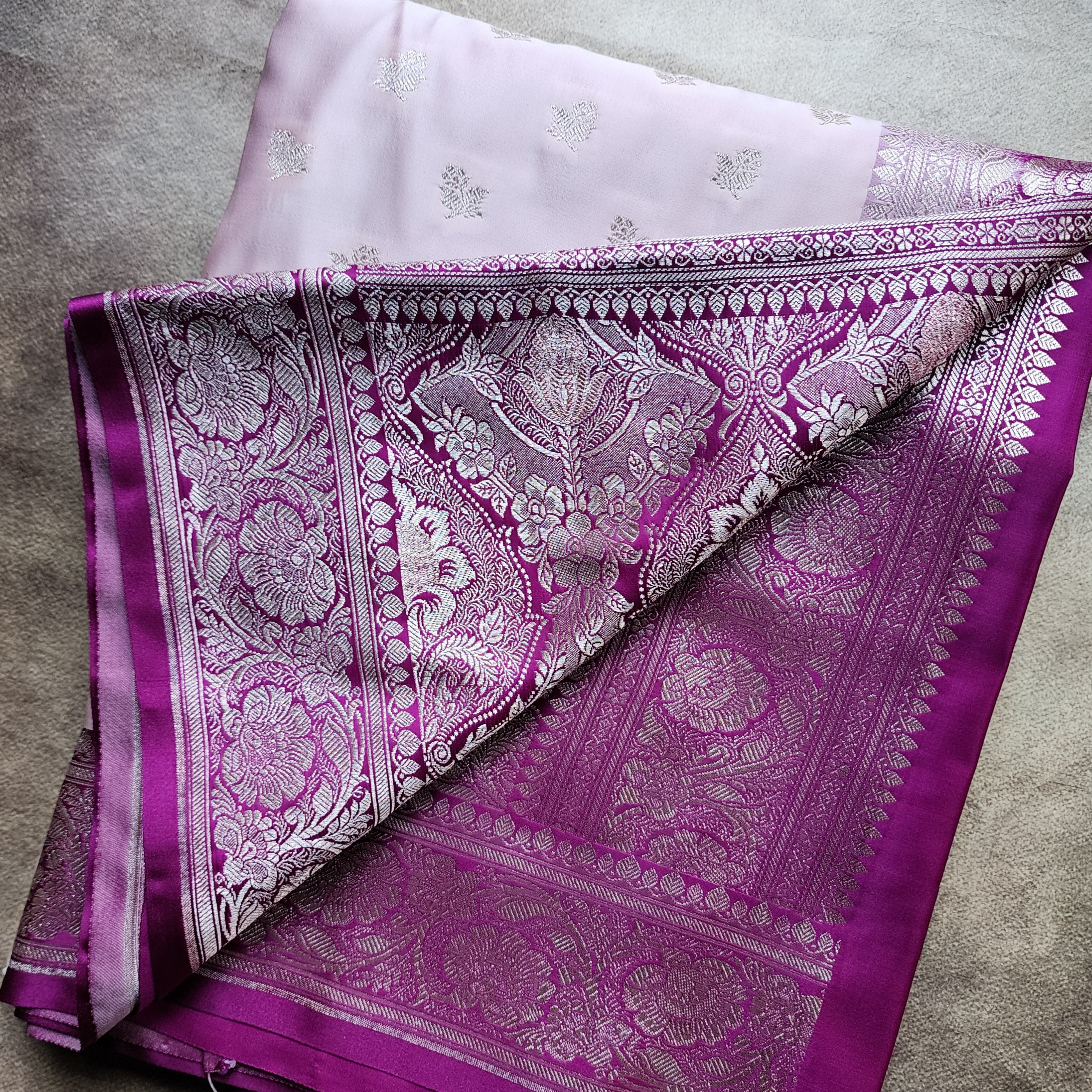 Pastel Pink Pure Banarasi Katan Silk Saree with Magenta Border