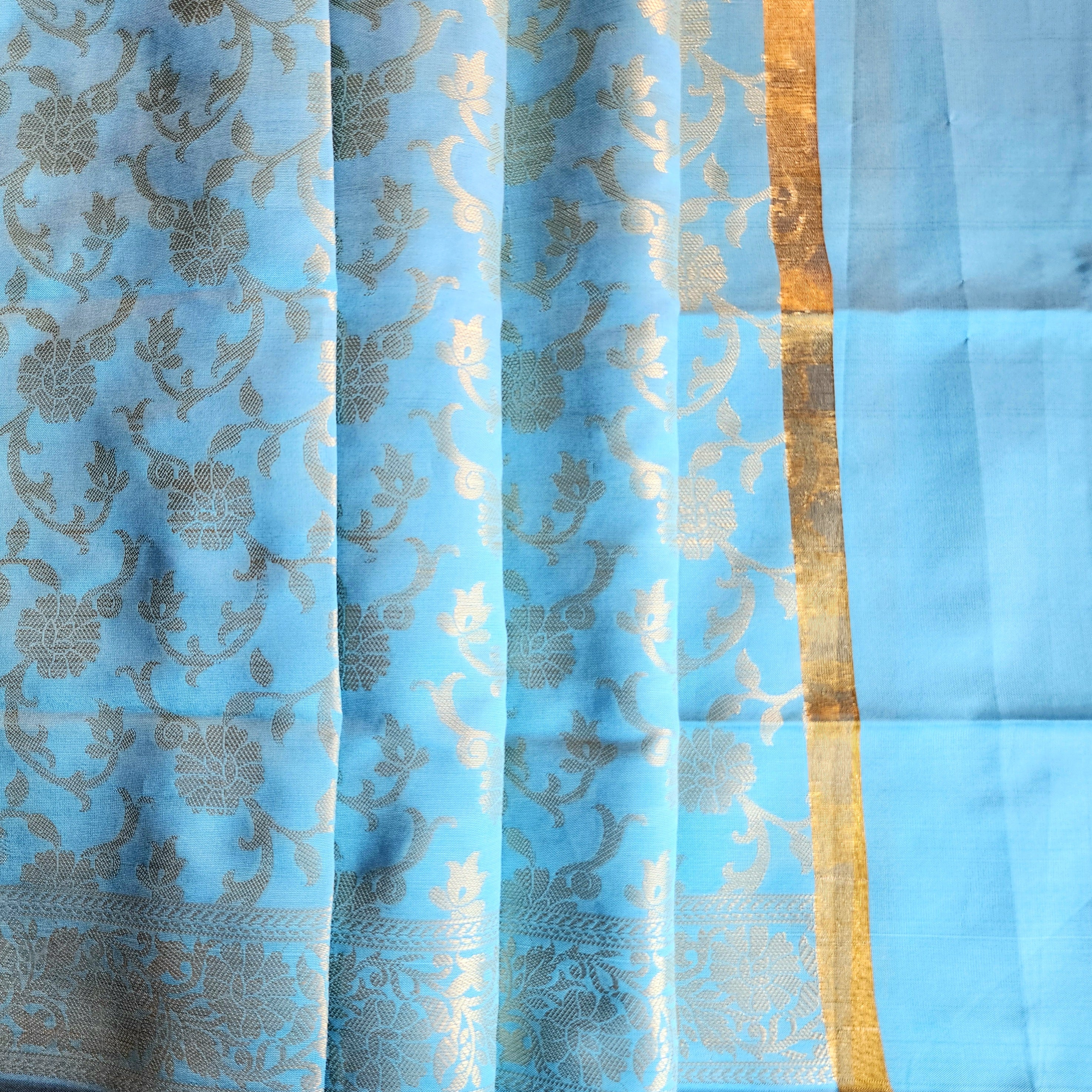 Aqua Blue Banarasi Tapetta Silk Dupatta with Gold Floral Weave