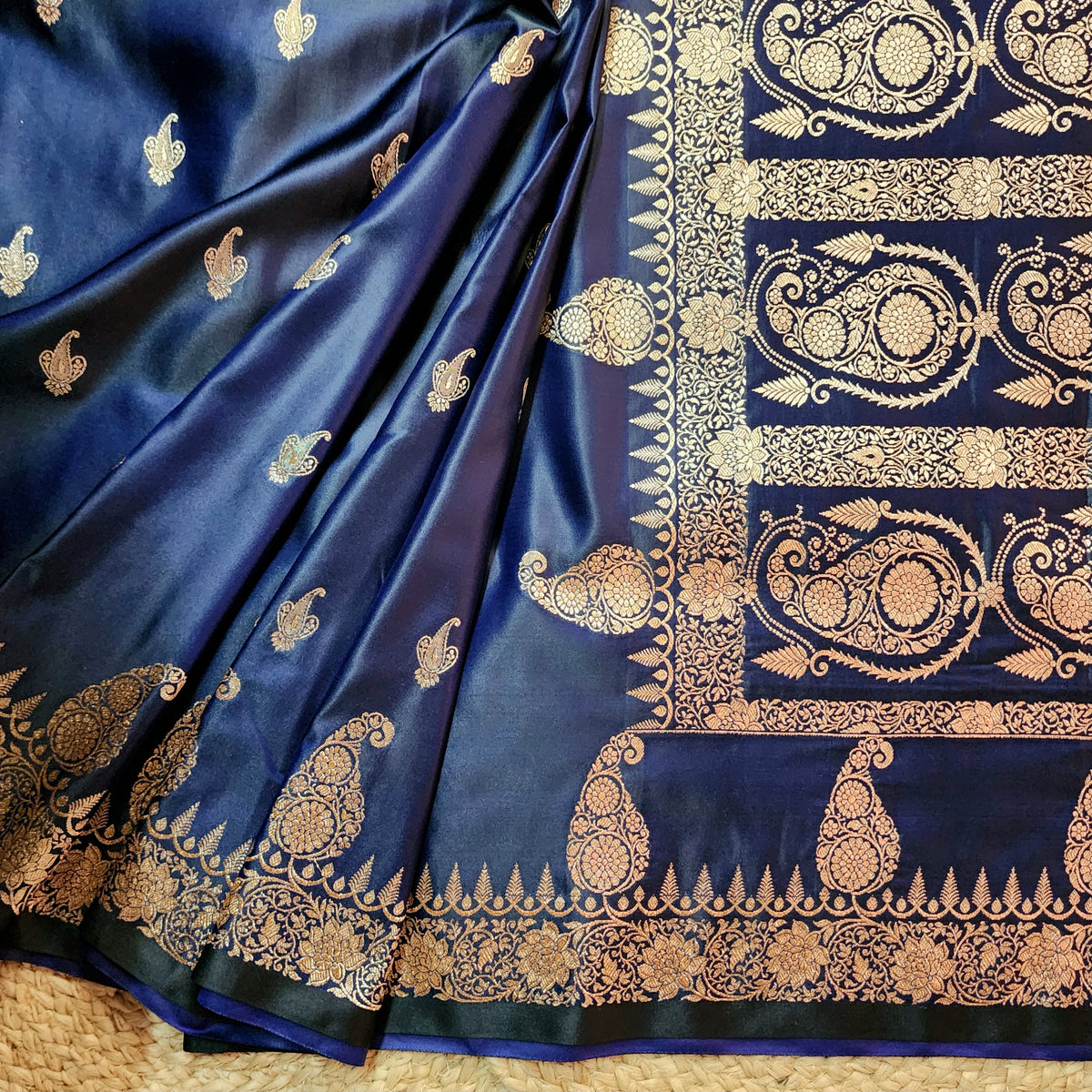 Navy Blue Paisley Katan Silk Saree with Gold Zari