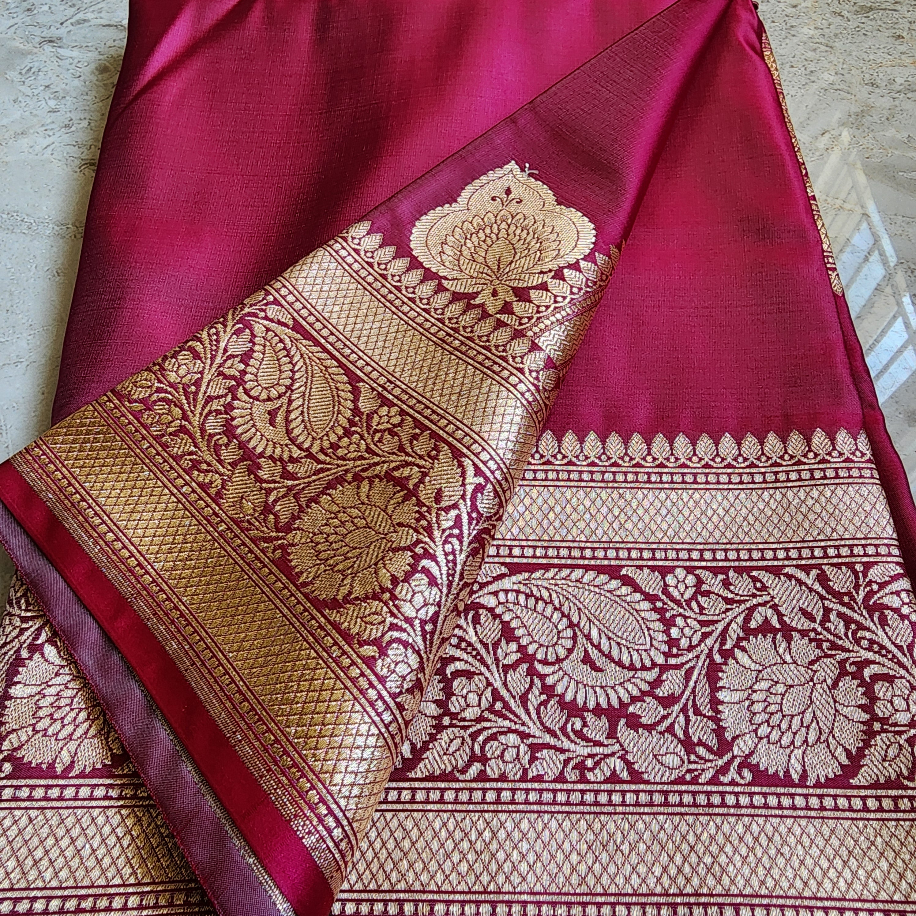 Hot Pink Pure Banarasi Katan Silk Saree with light Gold Zari Weaving
