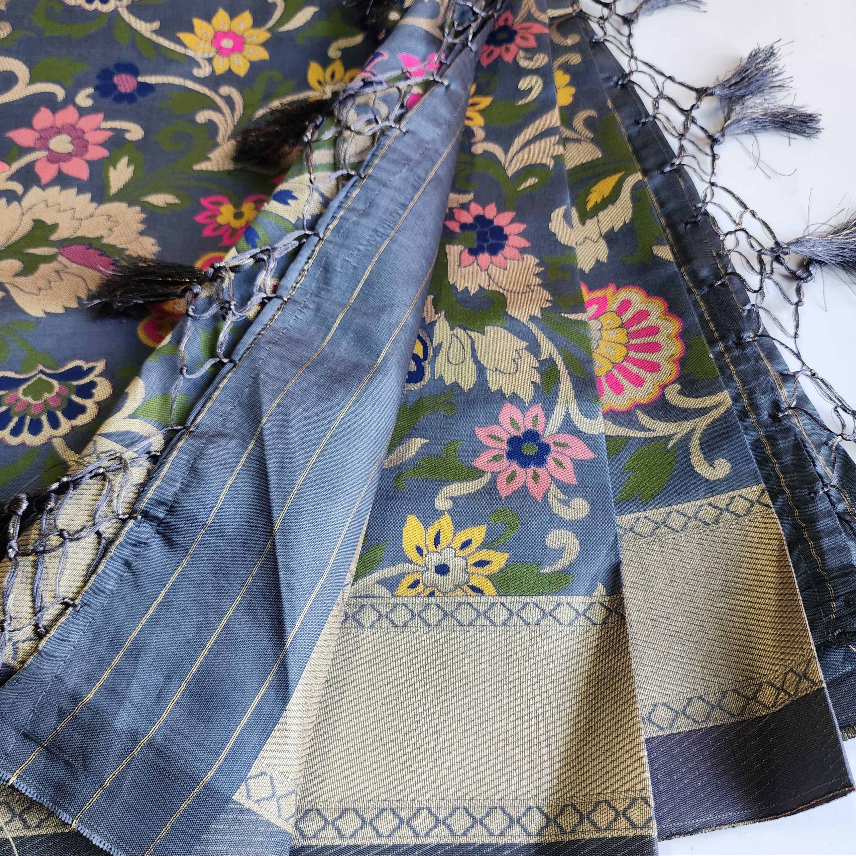 Banarasi Silk Dark Gray Dupatta with Multicolor & Gold Floral Handweaving
