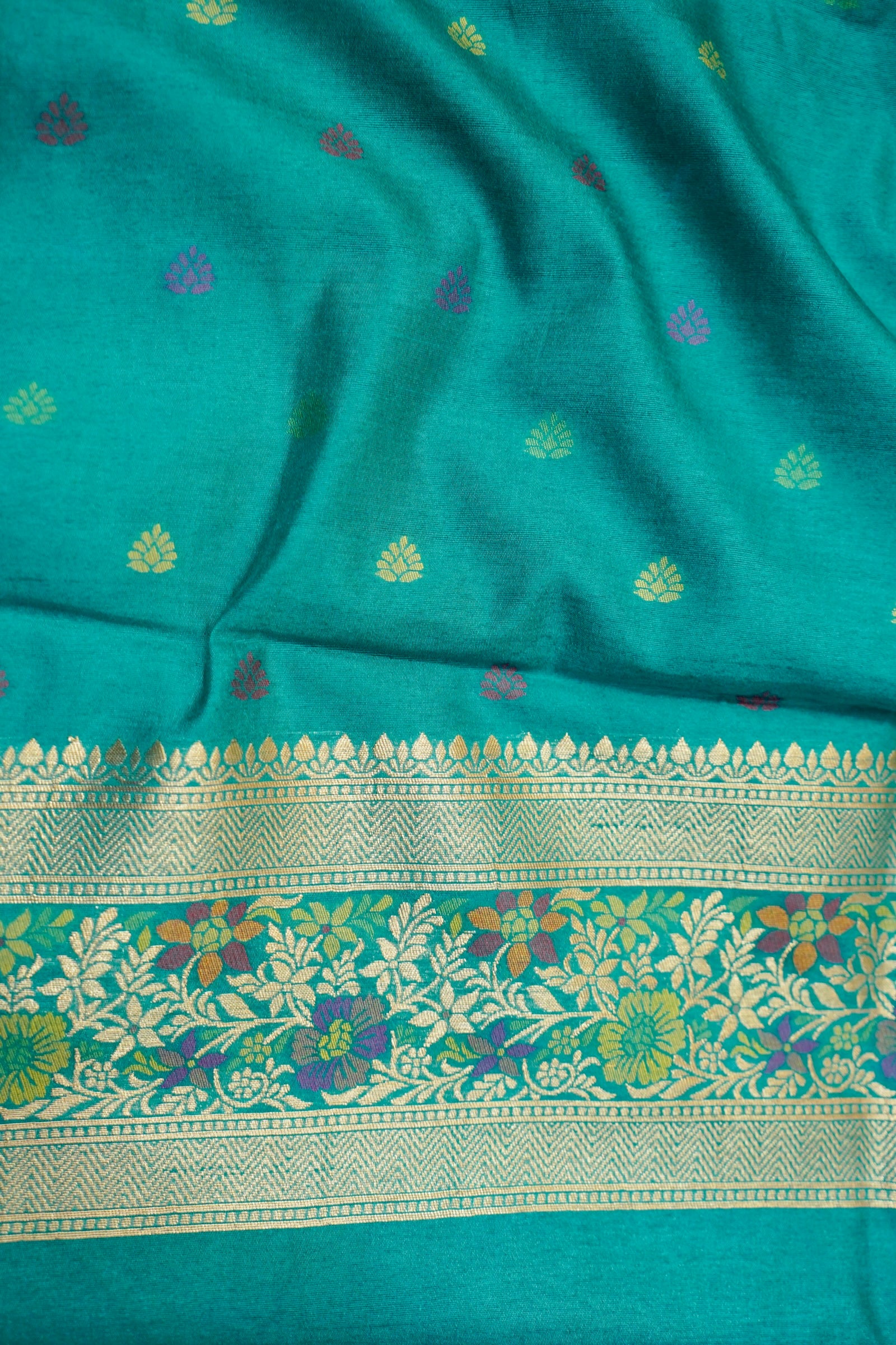 Wine Purple Dupion Patola Saree with Mint Green Border & Delicate Gold Zari Motifs