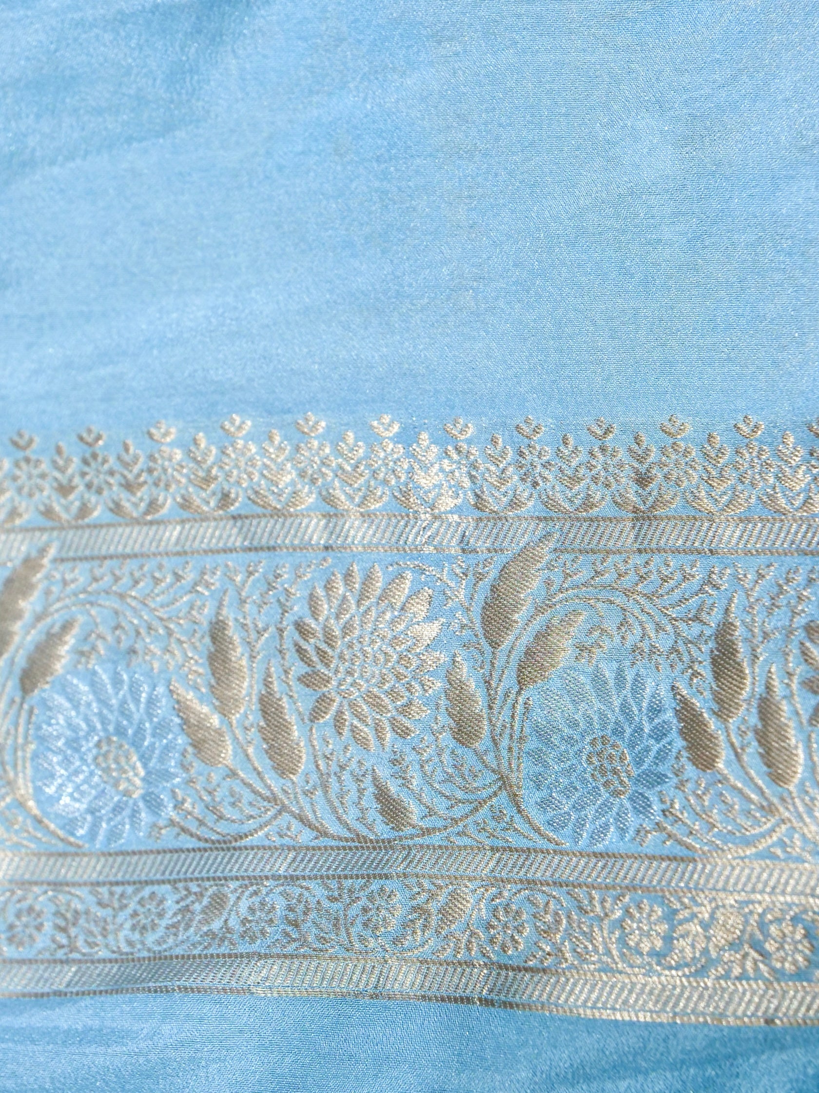 Purple Crepe Georgette Silk Saree with Powder Blue and Champagne Gold Border
