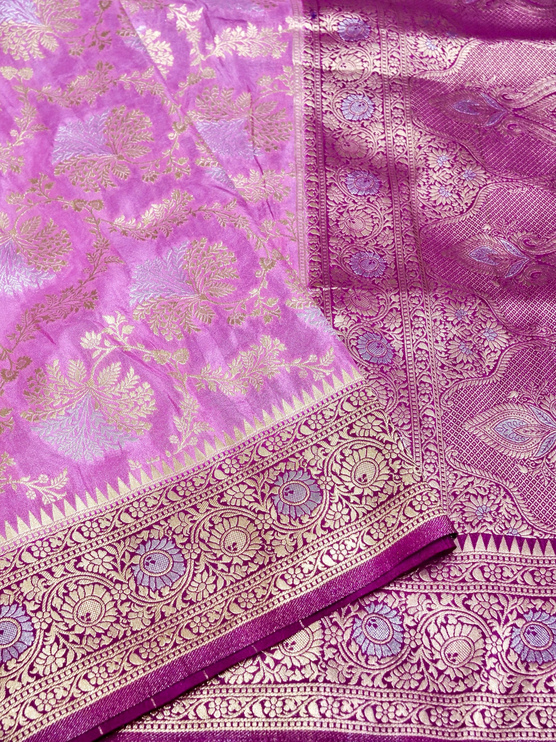 Lilac Pink Crepe Georgette Silk Saree with Deep Plum and Champagne Gold Border