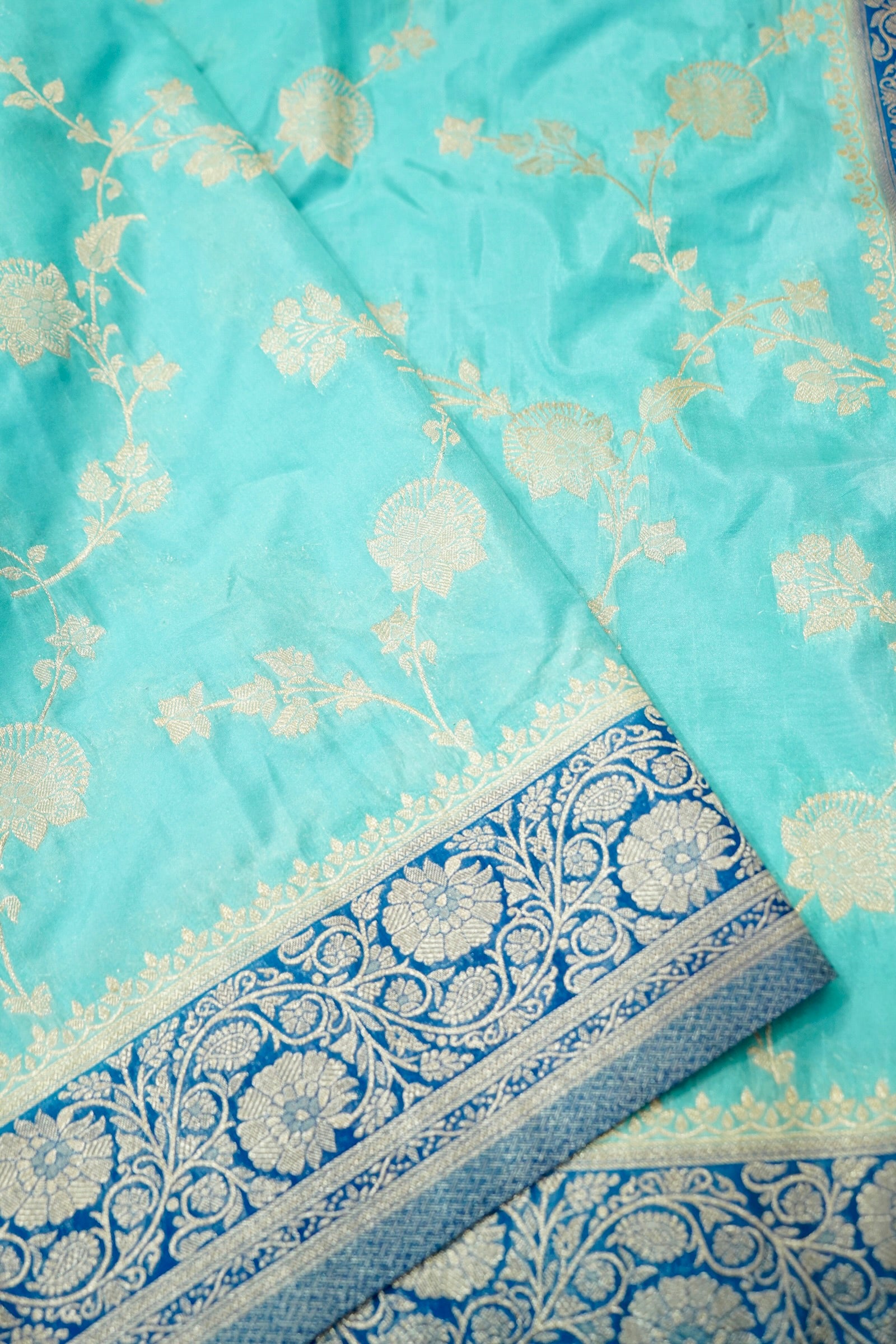 Light Blue Crepe Chiffon Saree with Dark Blue Border