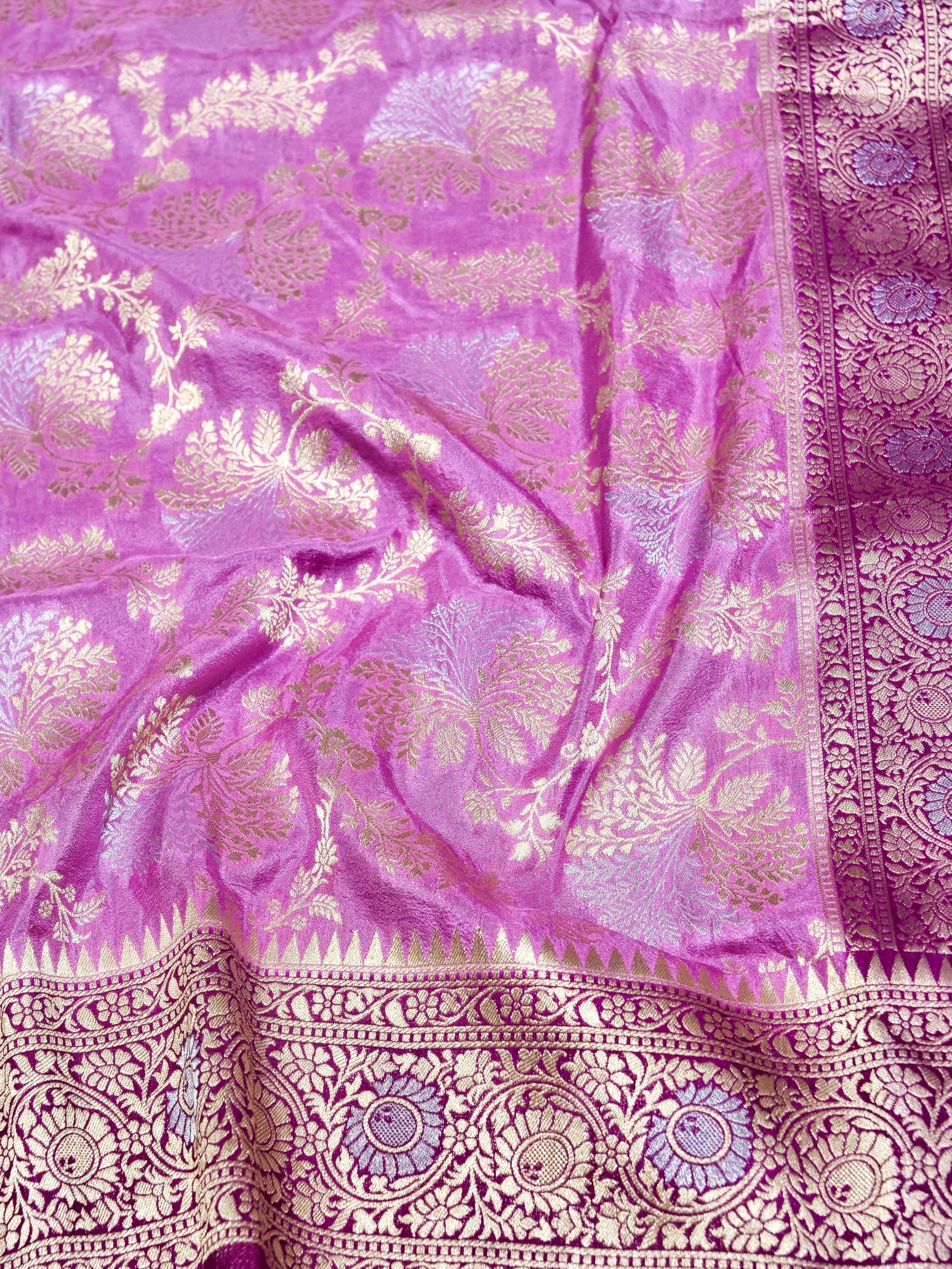Lilac Pink Crepe Georgette Silk Saree with Deep Plum and Champagne Gold Border