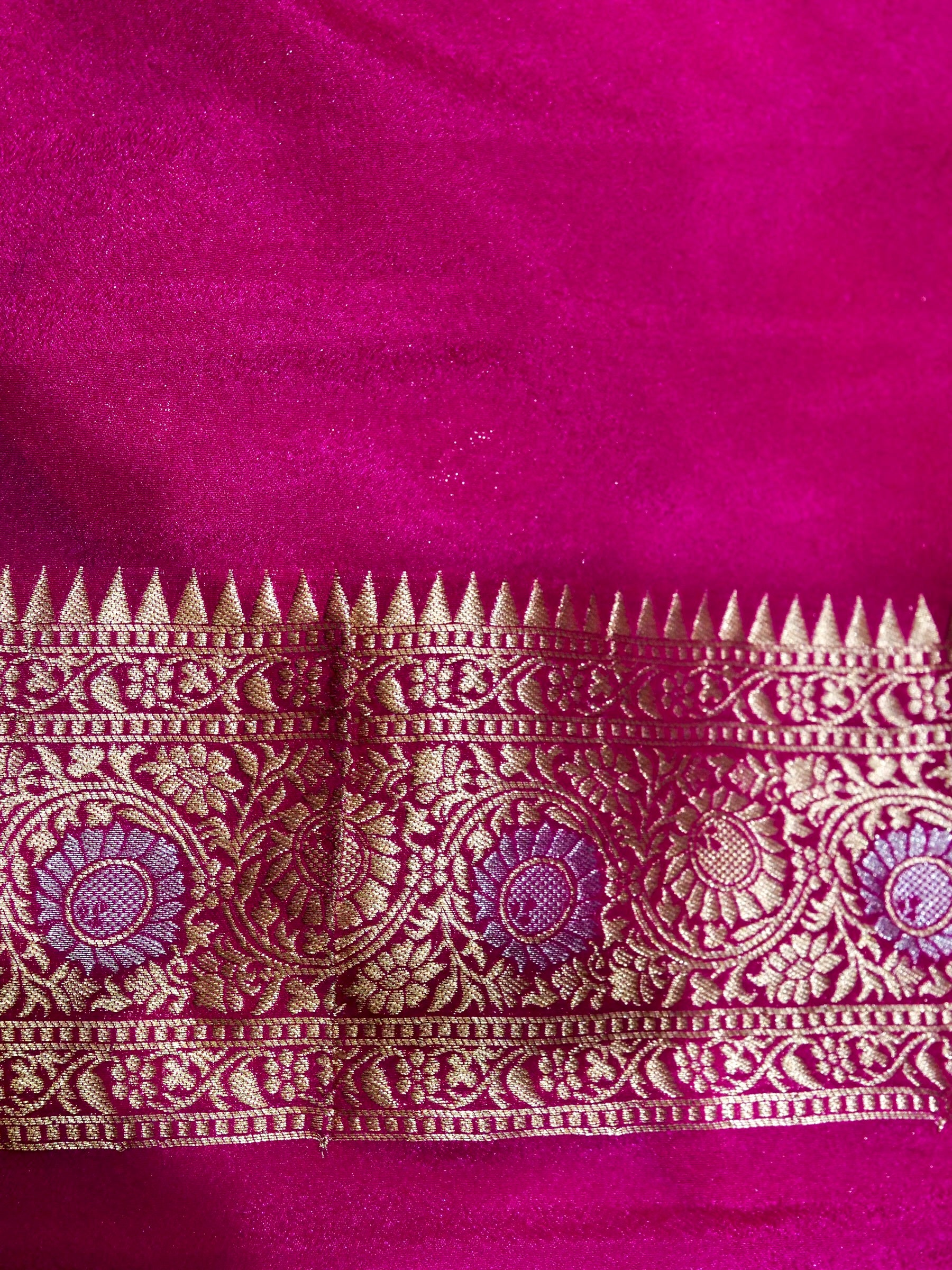 Lemon Yellow Crepe Georgette Silk Saree with Fuchsia Pink and Champagne Gold Border