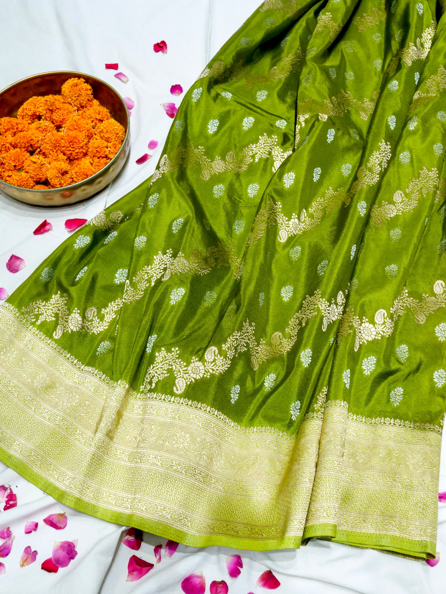 Olive Green Crepe Georgette Silk Saree with Champagne Gold Border