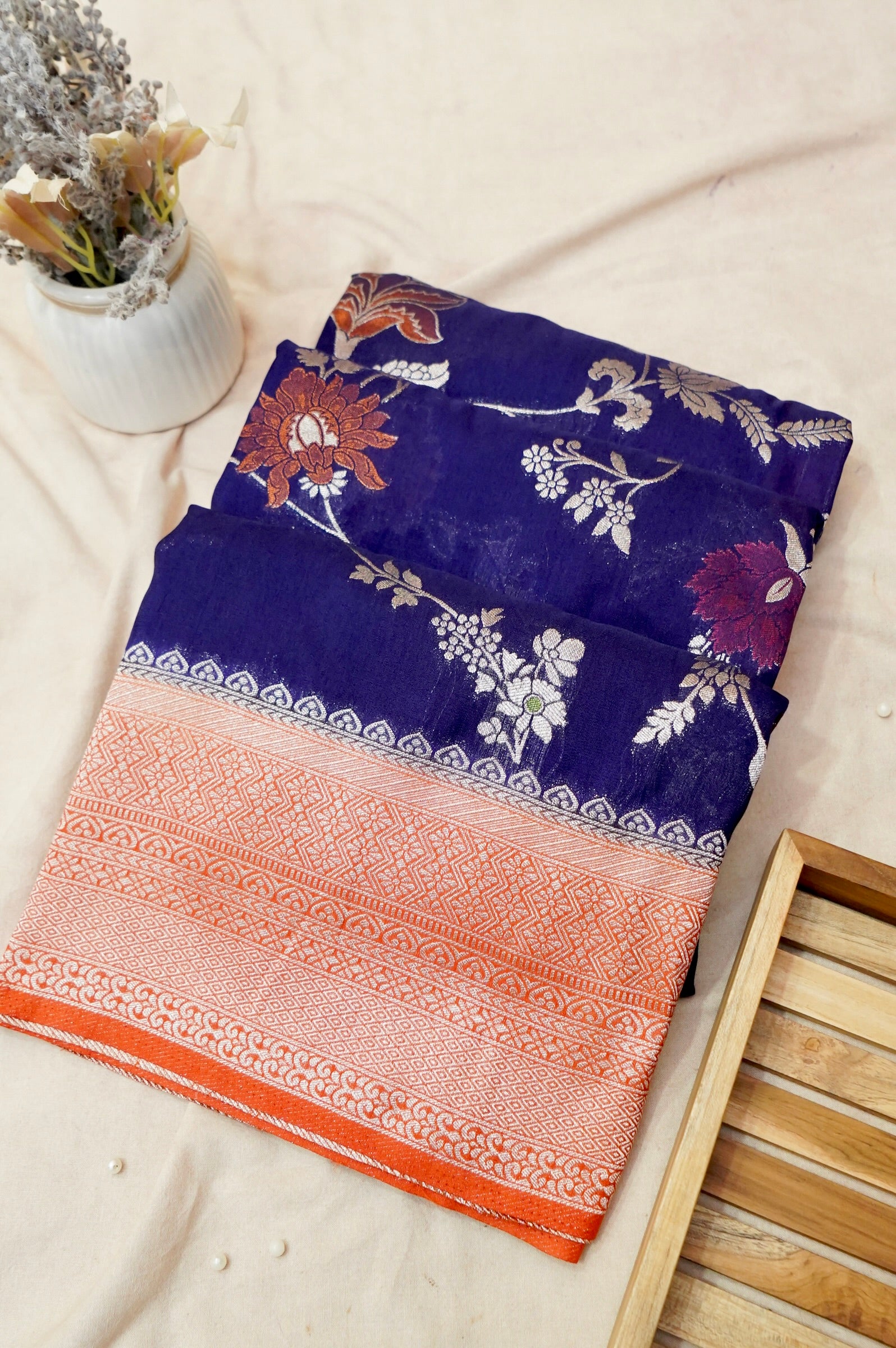 Royal Blue Crepe Georgette Silk Saree with Orange and Gold Zari Border