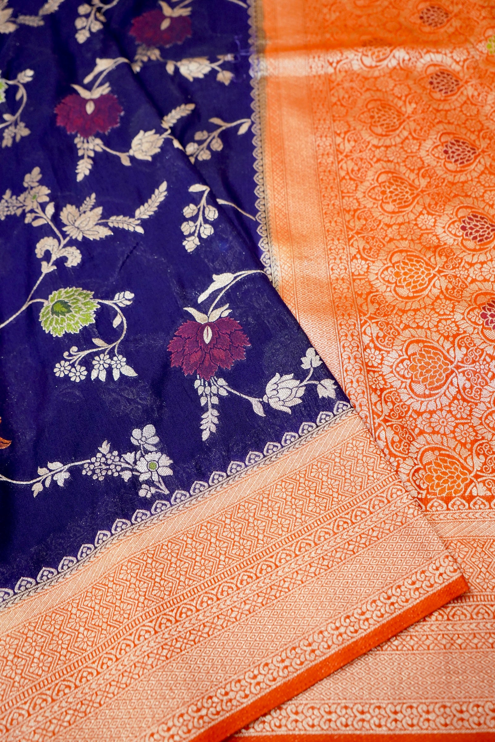 Royal Blue Crepe Georgette Silk Saree with Orange and Gold Zari Border