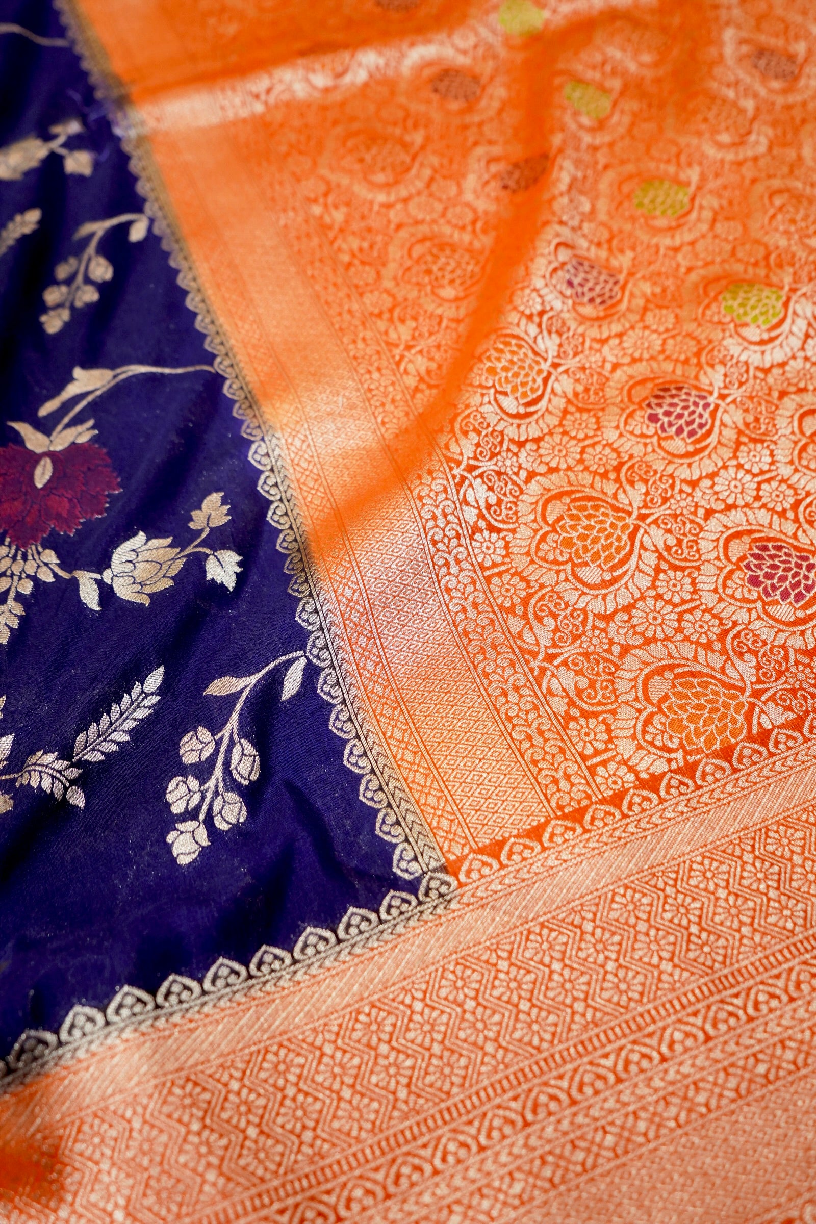 Royal Blue Crepe Georgette Silk Saree with Orange and Gold Zari Border