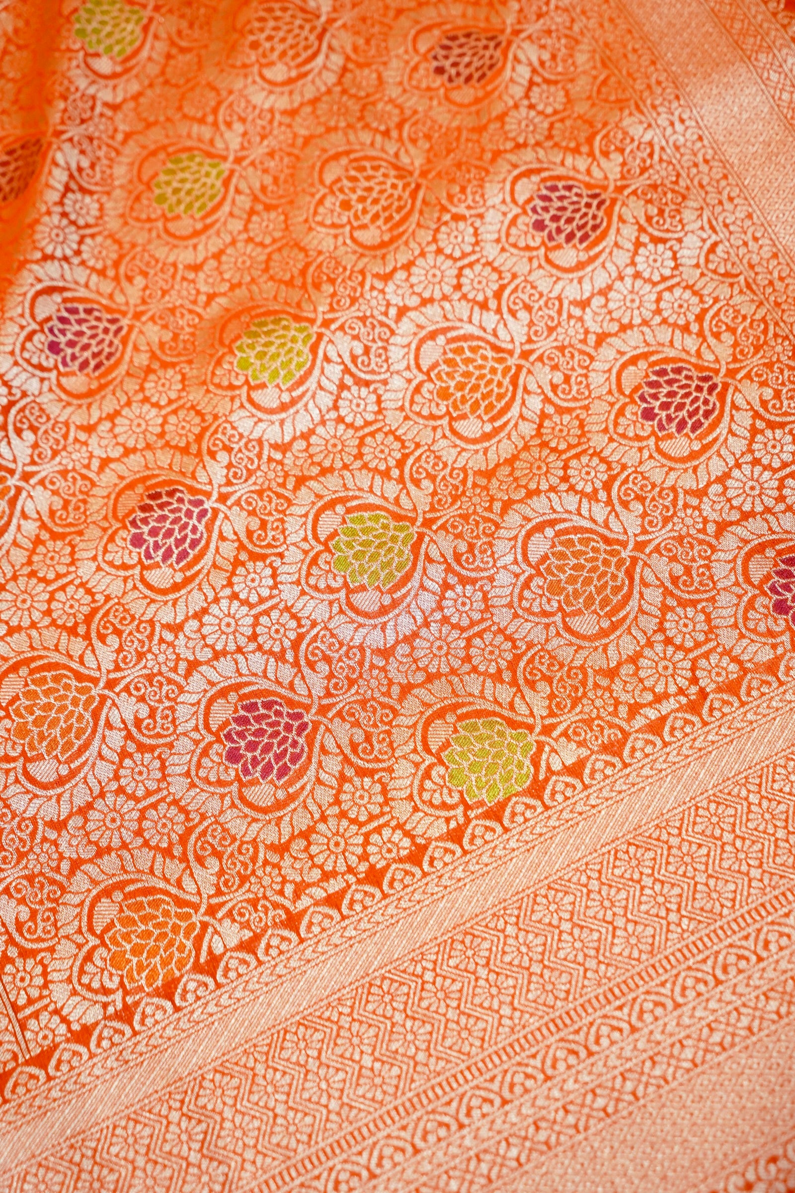 Royal Blue Crepe Georgette Silk Saree with Orange and Gold Zari Border