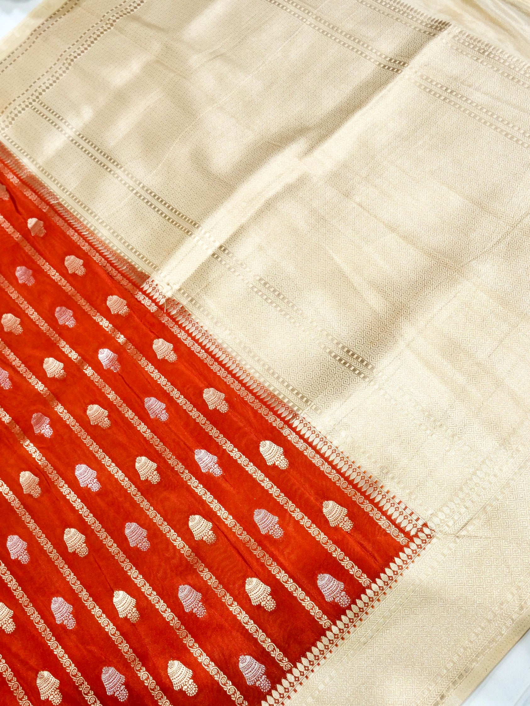 Vermilion Red Crepe Georgette Silk Saree with Ivory Gold Border