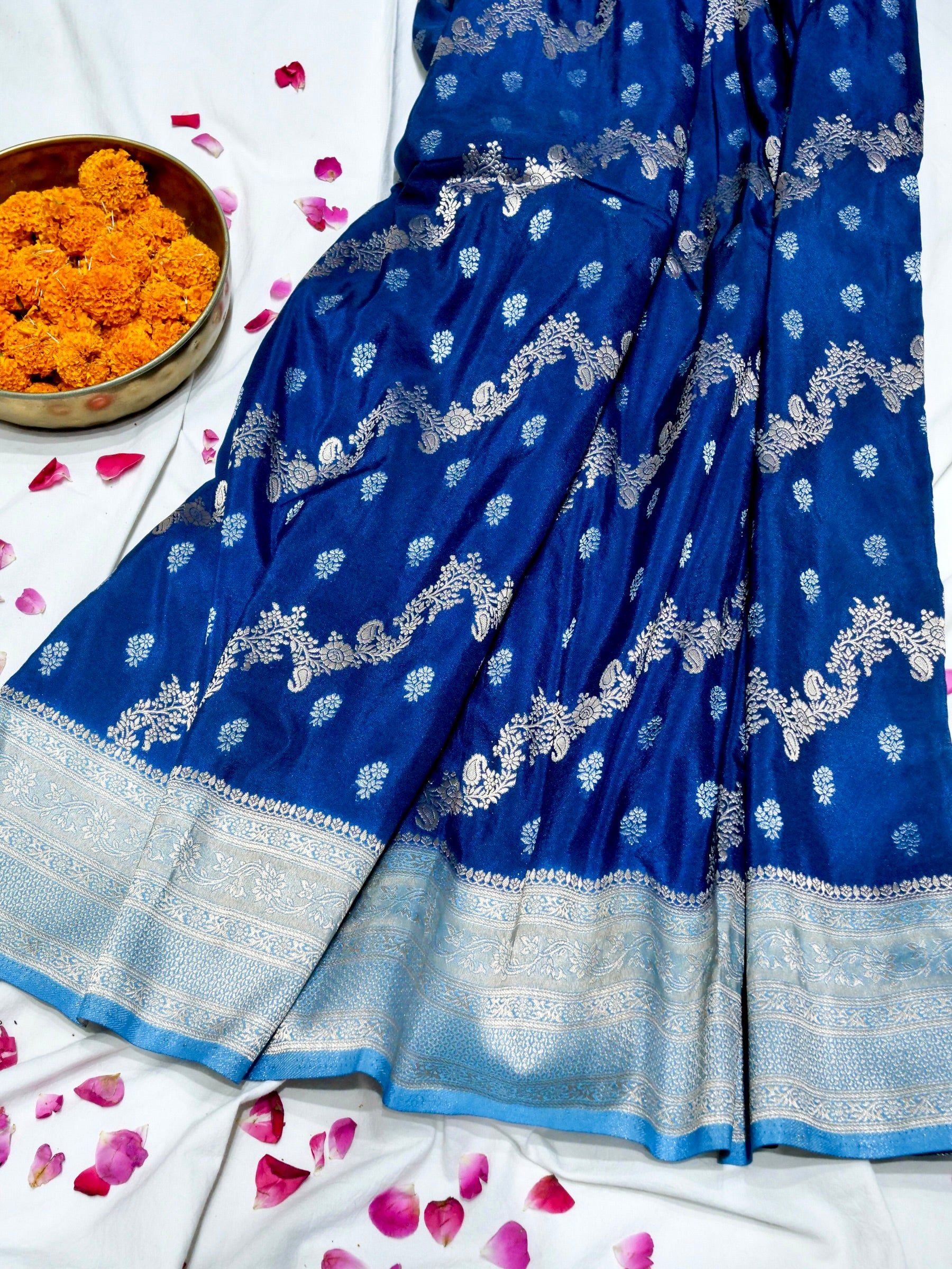 Royal Blue Crepe Georgette Silk Saree with Powder Blue and Champagne Gold Border