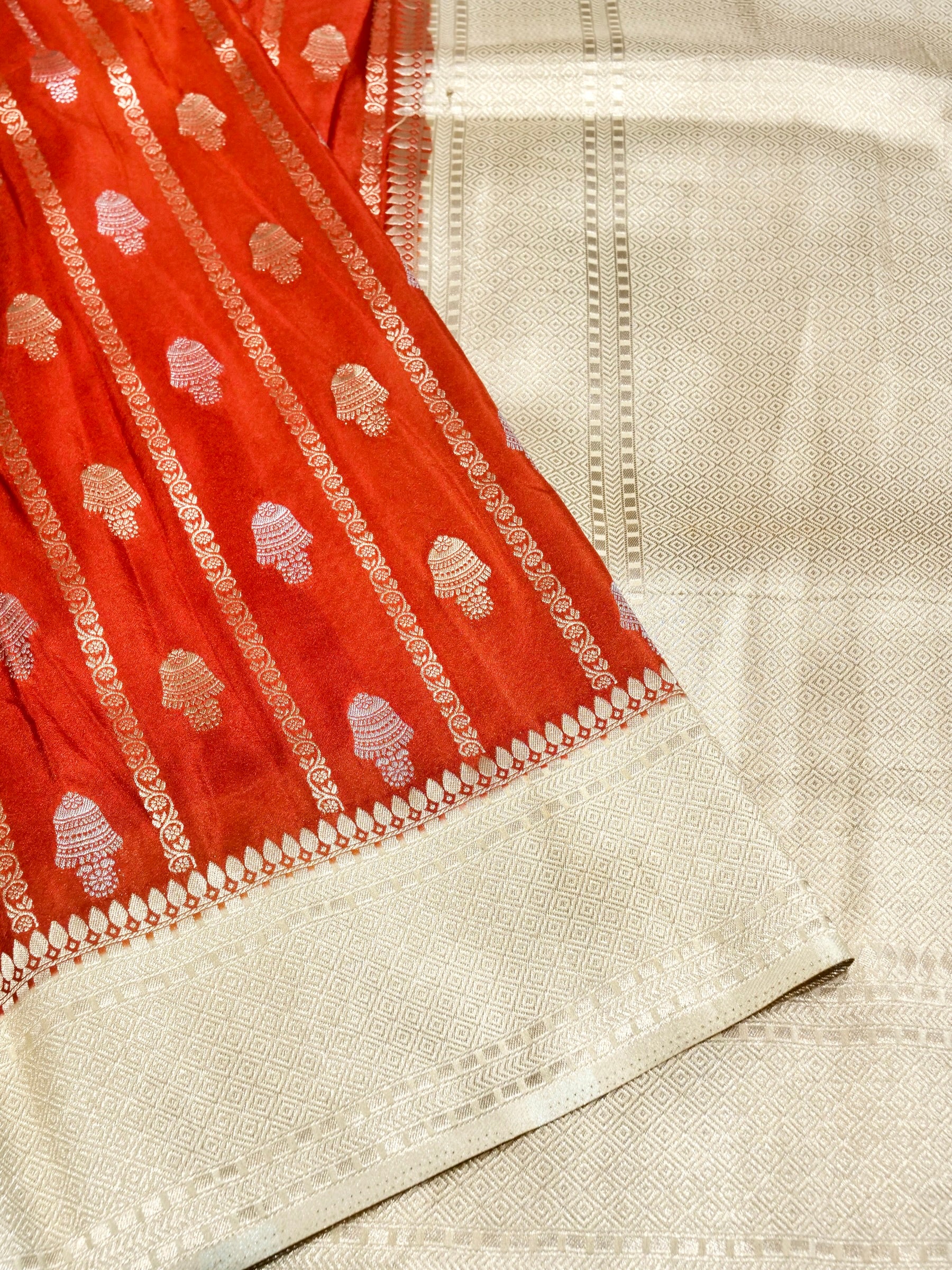 Vermilion Red Crepe Georgette Silk Saree with Ivory Gold Border