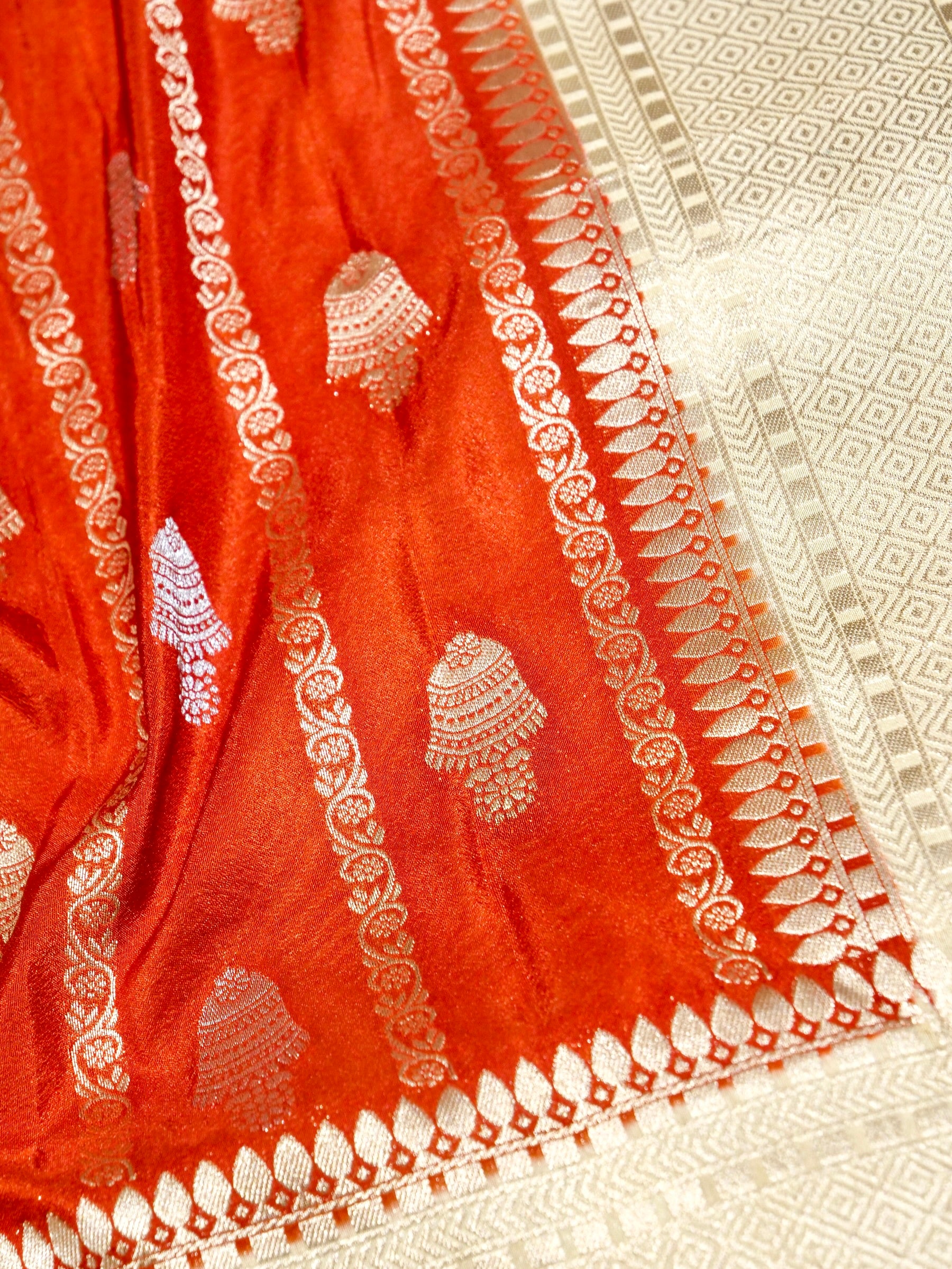 Vermilion Red Crepe Georgette Silk Saree with Ivory Gold Border