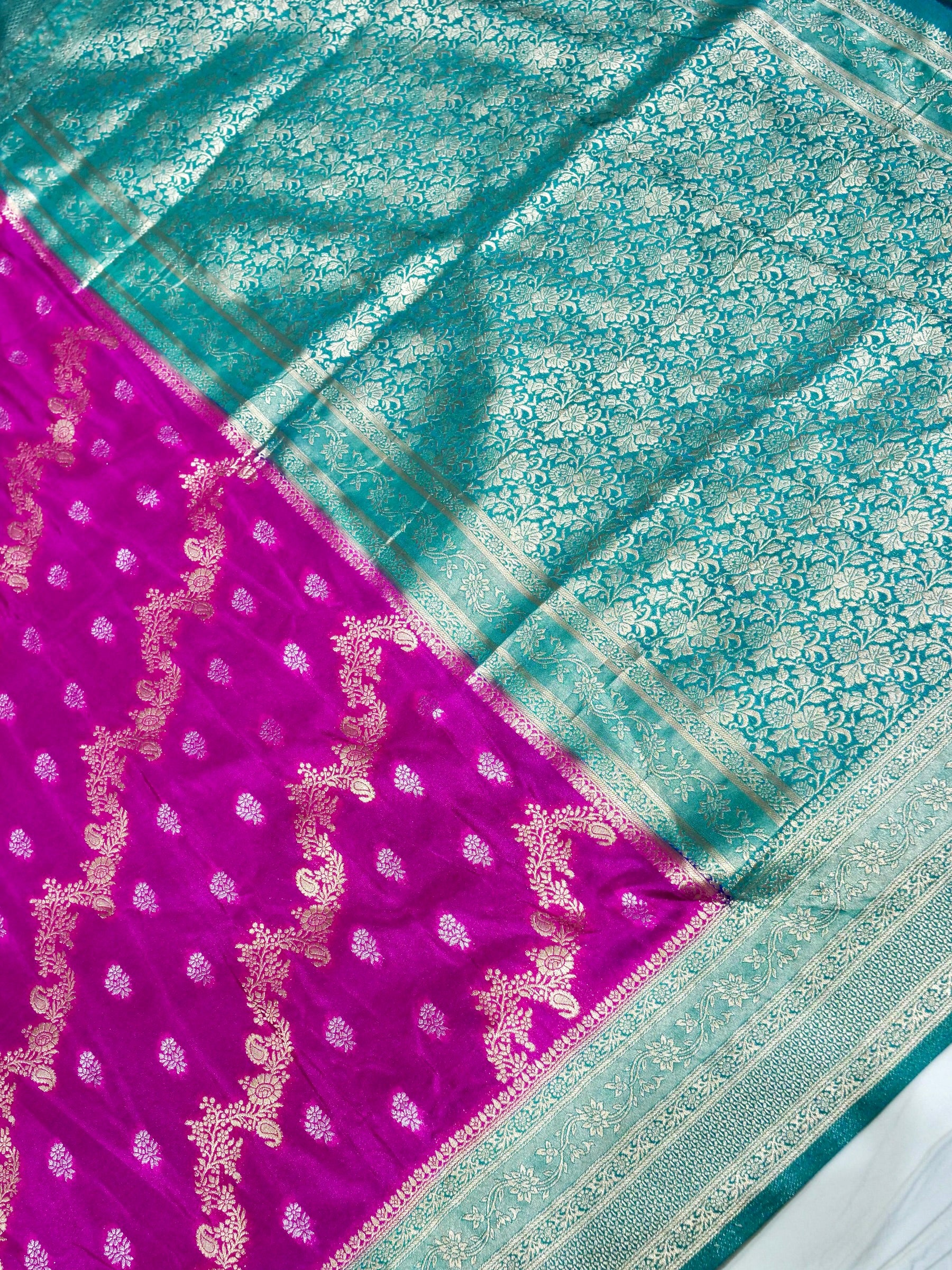 Electric Fuchsia Pink Crepe Georgette Silk Saree with Turquoise Blue Border
