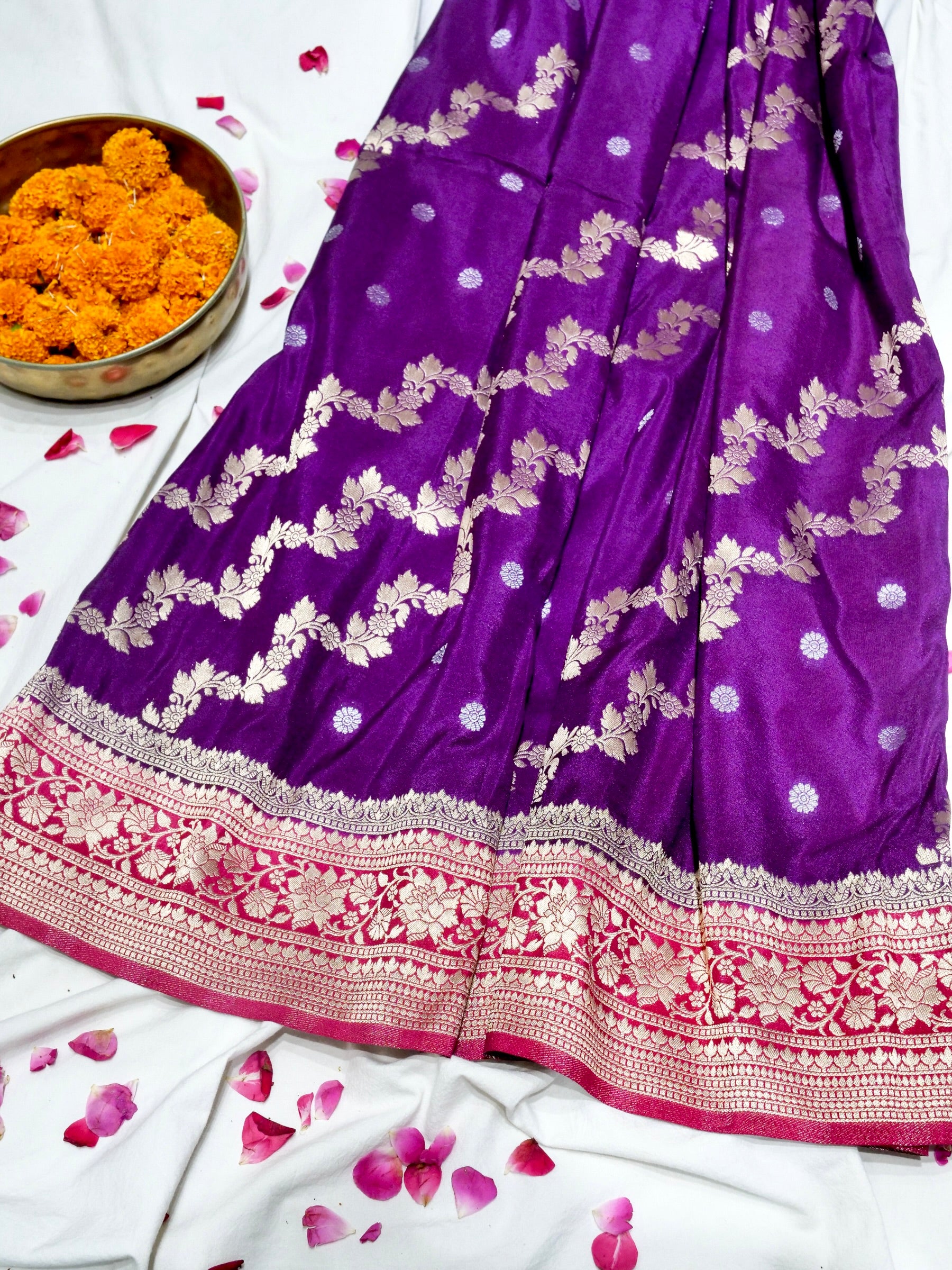 Violet Purple Crepe Georgette Silk Saree with Hot Pink Border