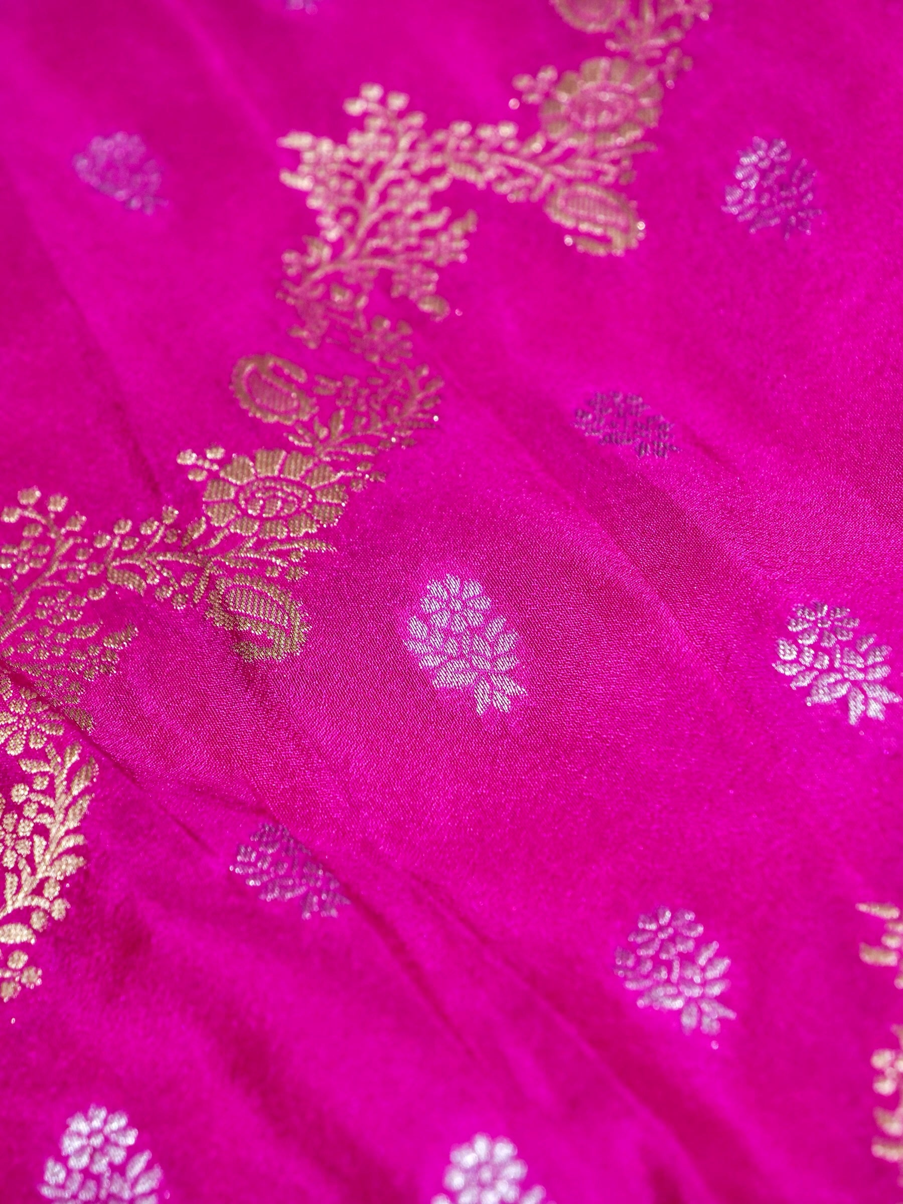 Electric Fuchsia Pink Crepe Georgette Silk Saree with Turquoise Blue Border