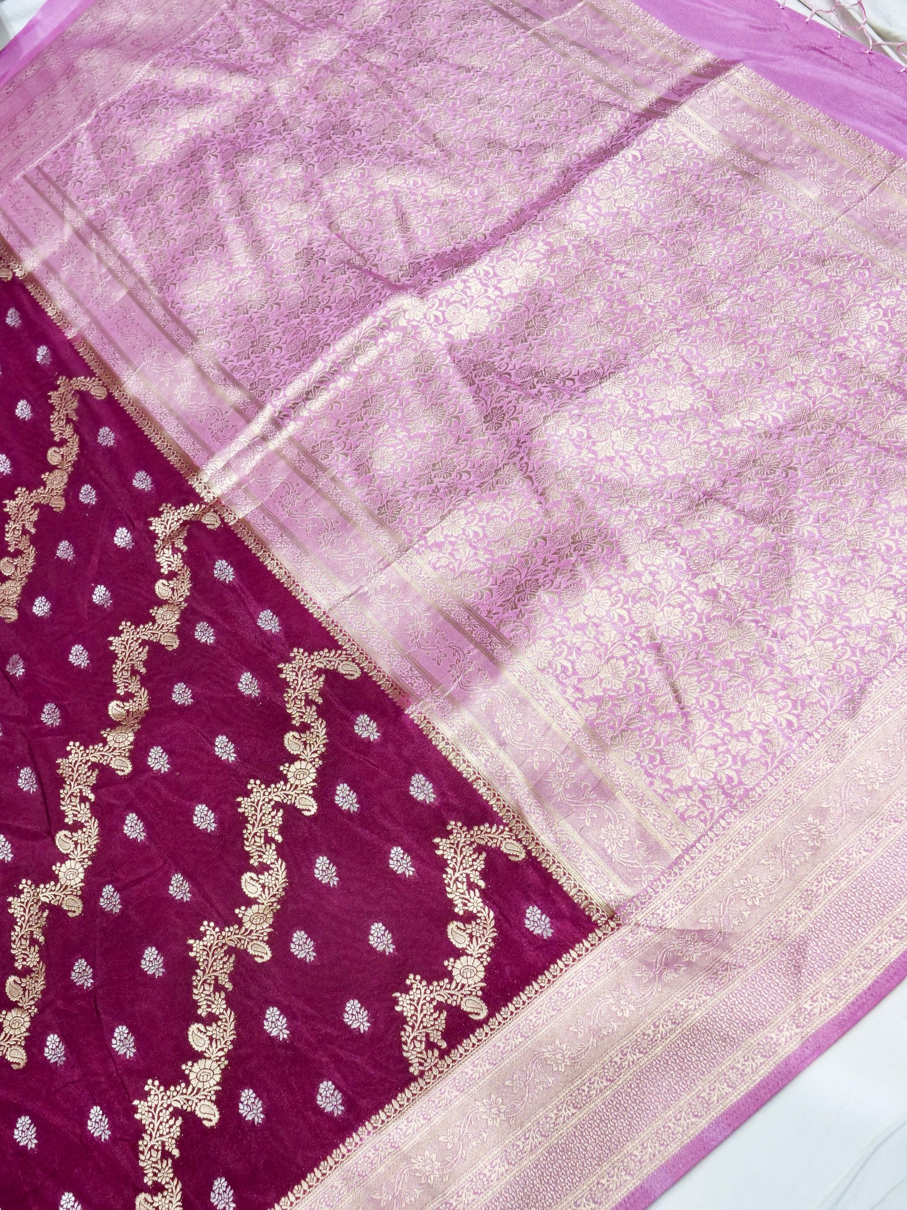 Deep Berry Plum Crepe Georgette Silk Saree with Baby Pink Border