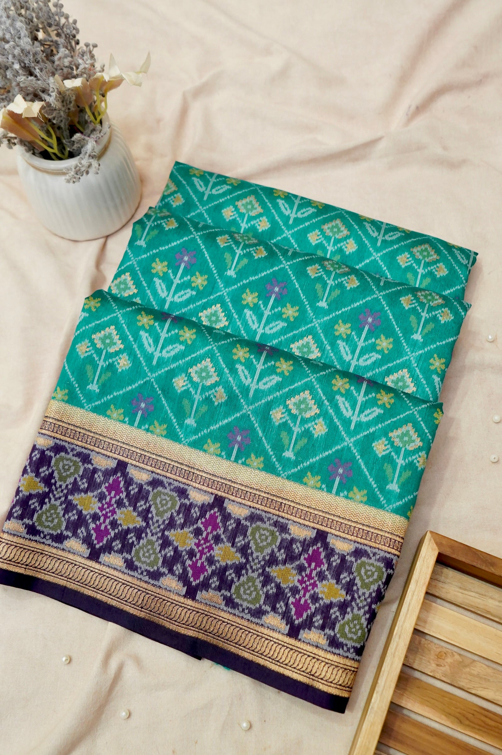 Sea Green Dupion Patola Saree with Lavender-Gold Border & Classic Ikat Motifs