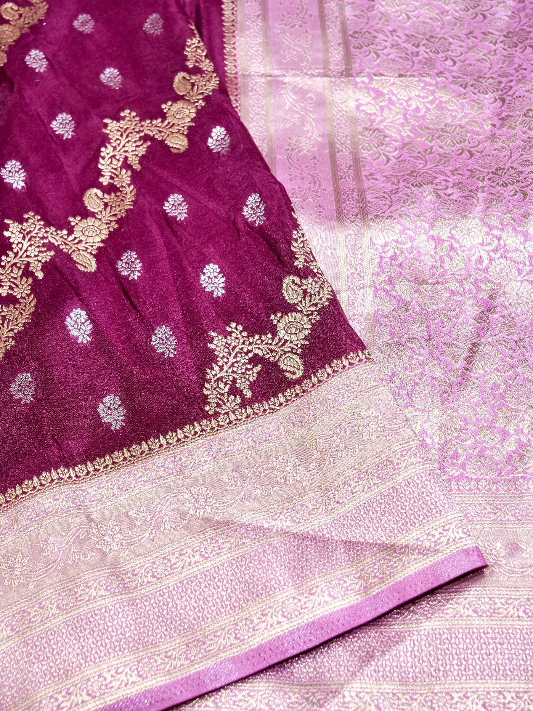 Deep Berry Plum Crepe Georgette Silk Saree with Baby Pink Border