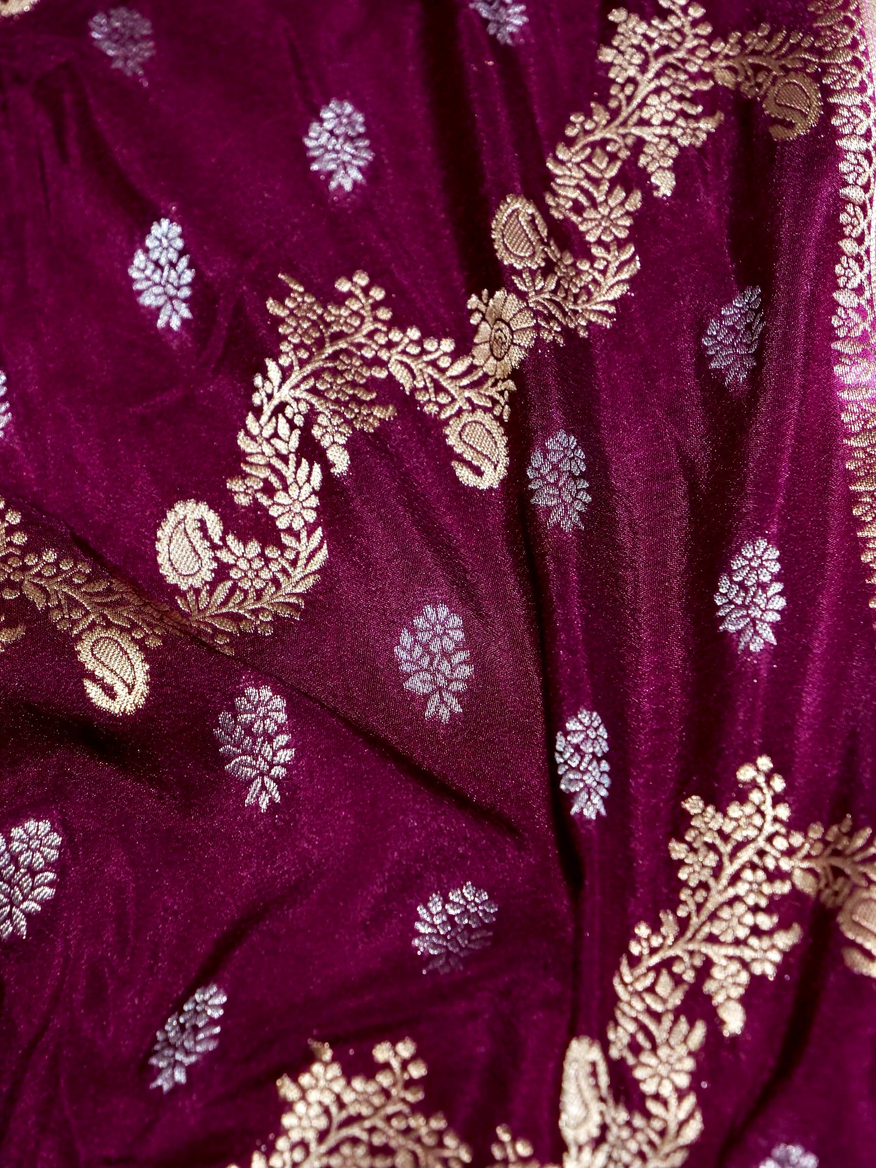 Deep Berry Plum Crepe Georgette Silk Saree with Baby Pink Border