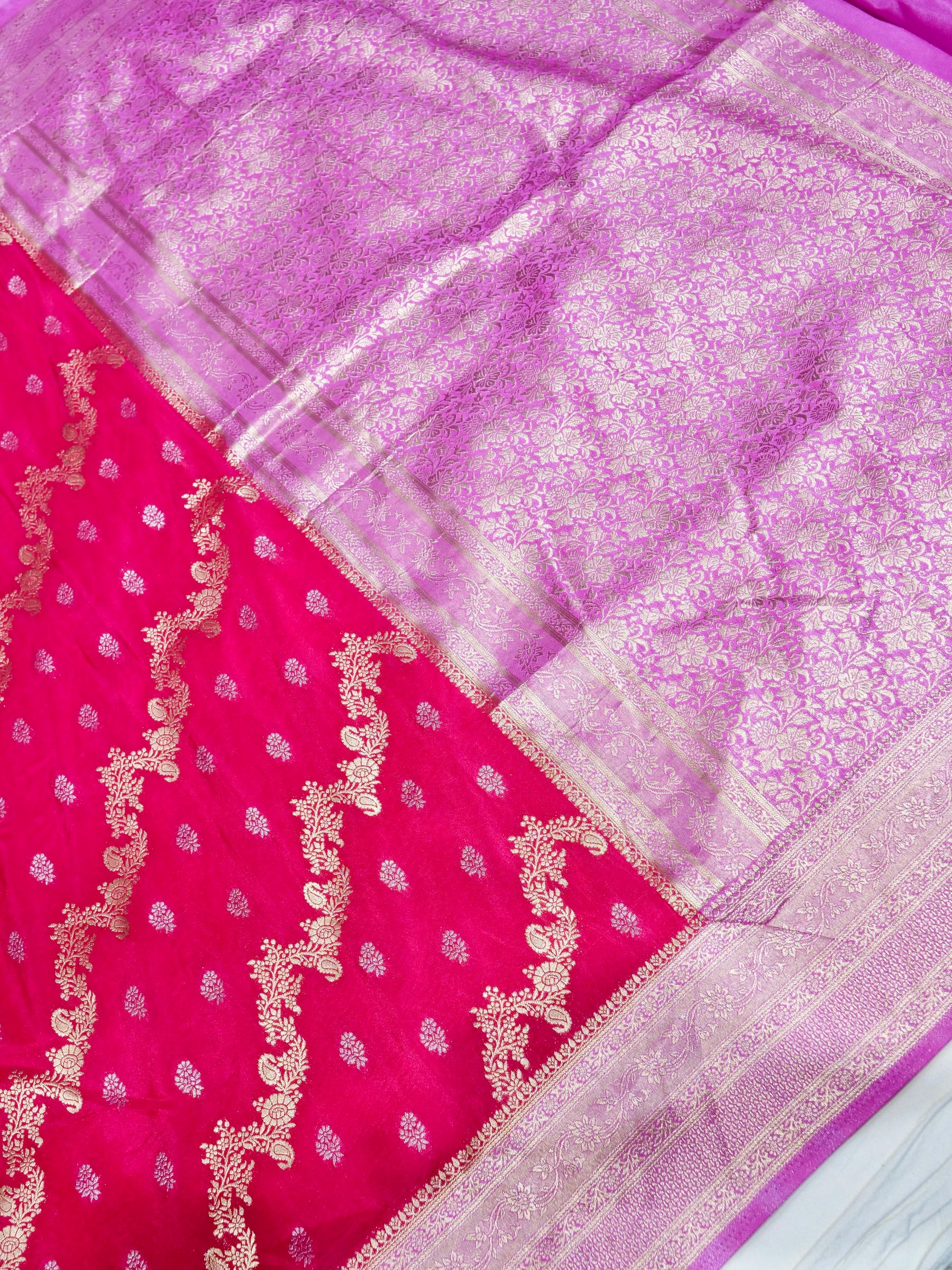 Rani Pink Crepe Georgette Silk Saree with Lilac Pink Border