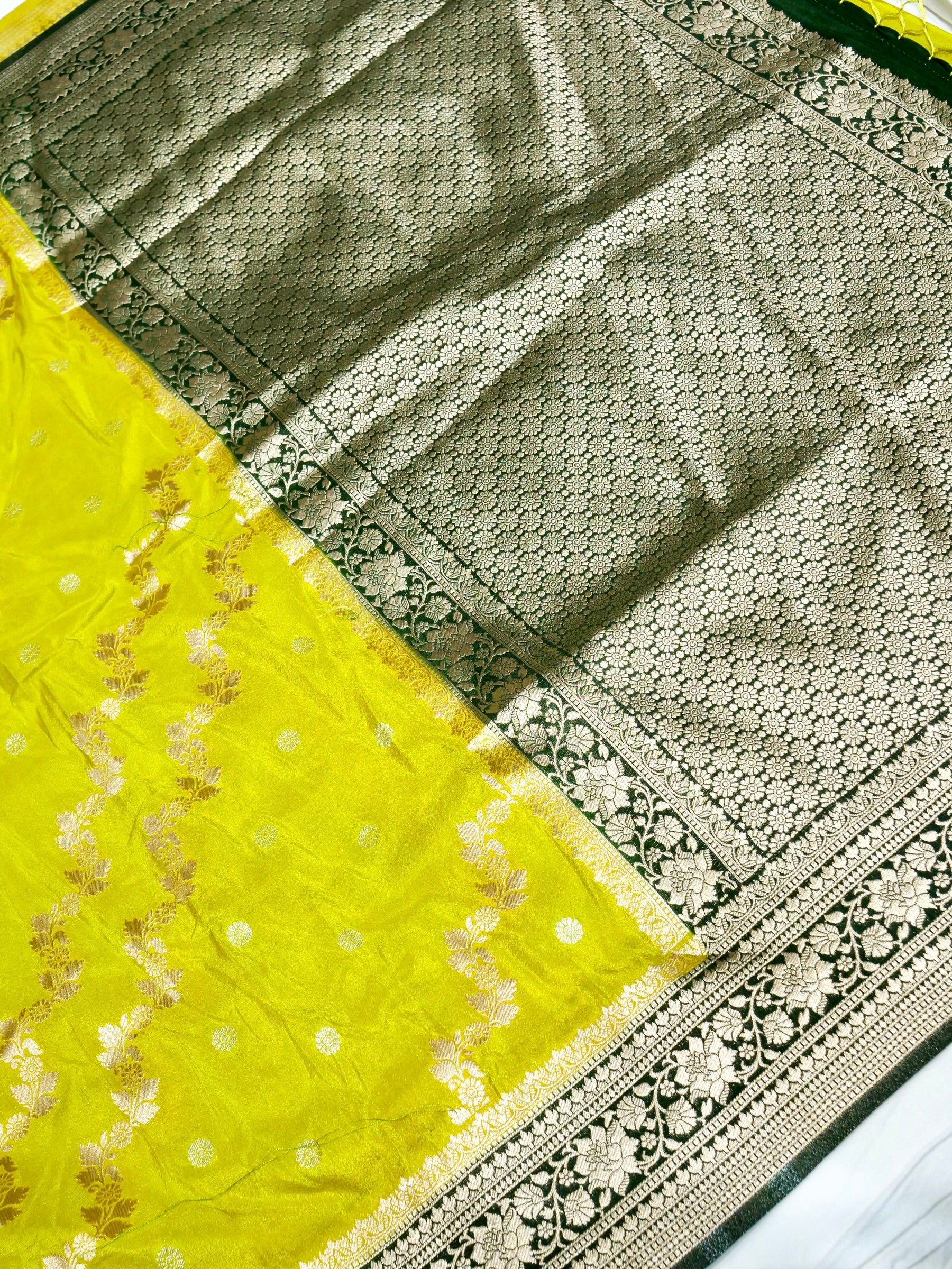 Lime Yellow Green Crepe Georgette Silk Saree with Bottle Green Border