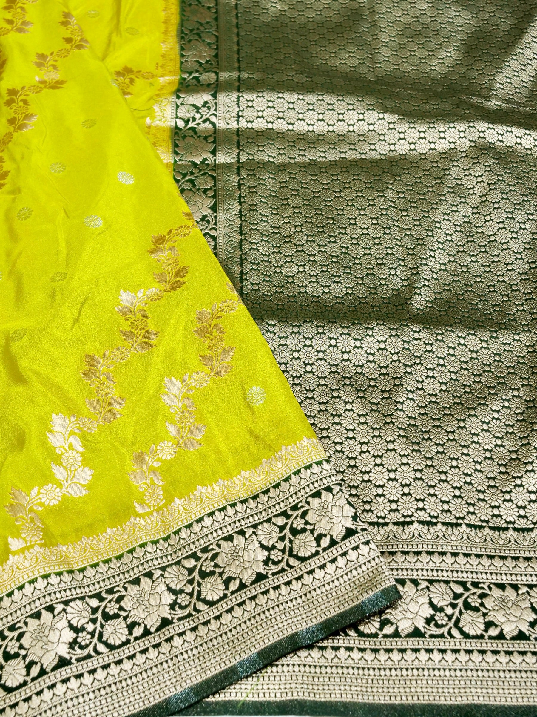 Lime Yellow Green Crepe Georgette Silk Saree with Bottle Green Border