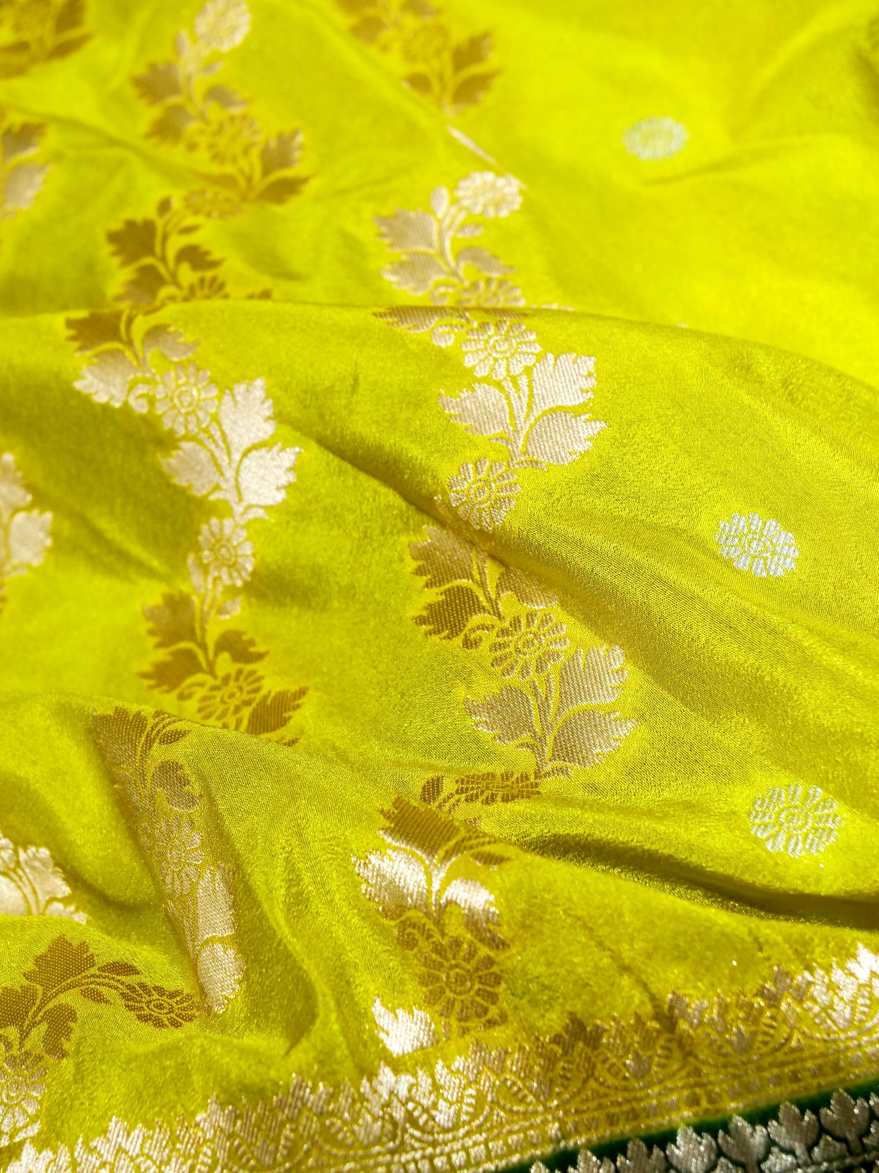 Lime Yellow Green Crepe Georgette Silk Saree with Bottle Green Border