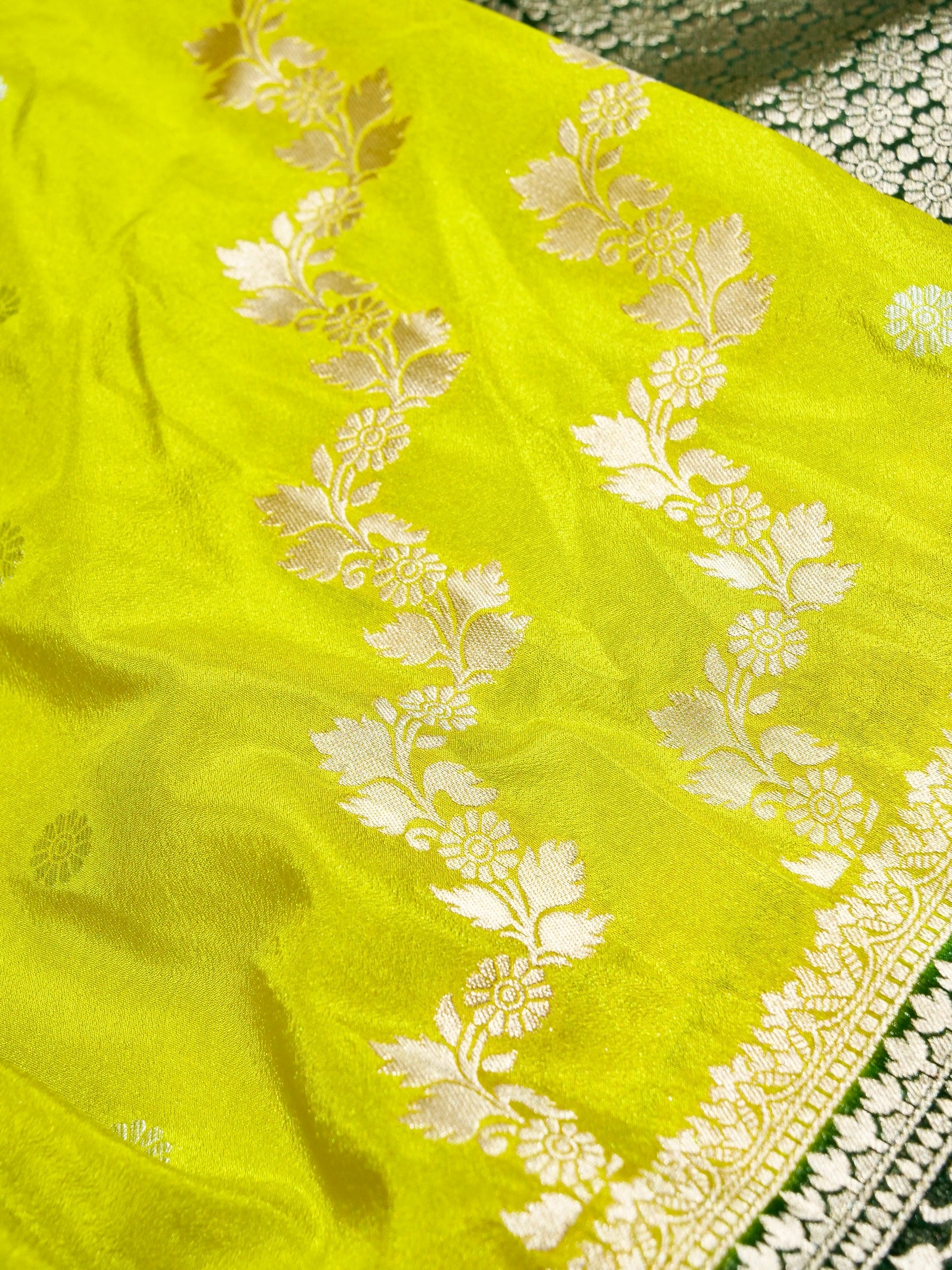 Lime Yellow Green Crepe Georgette Silk Saree with Bottle Green Border