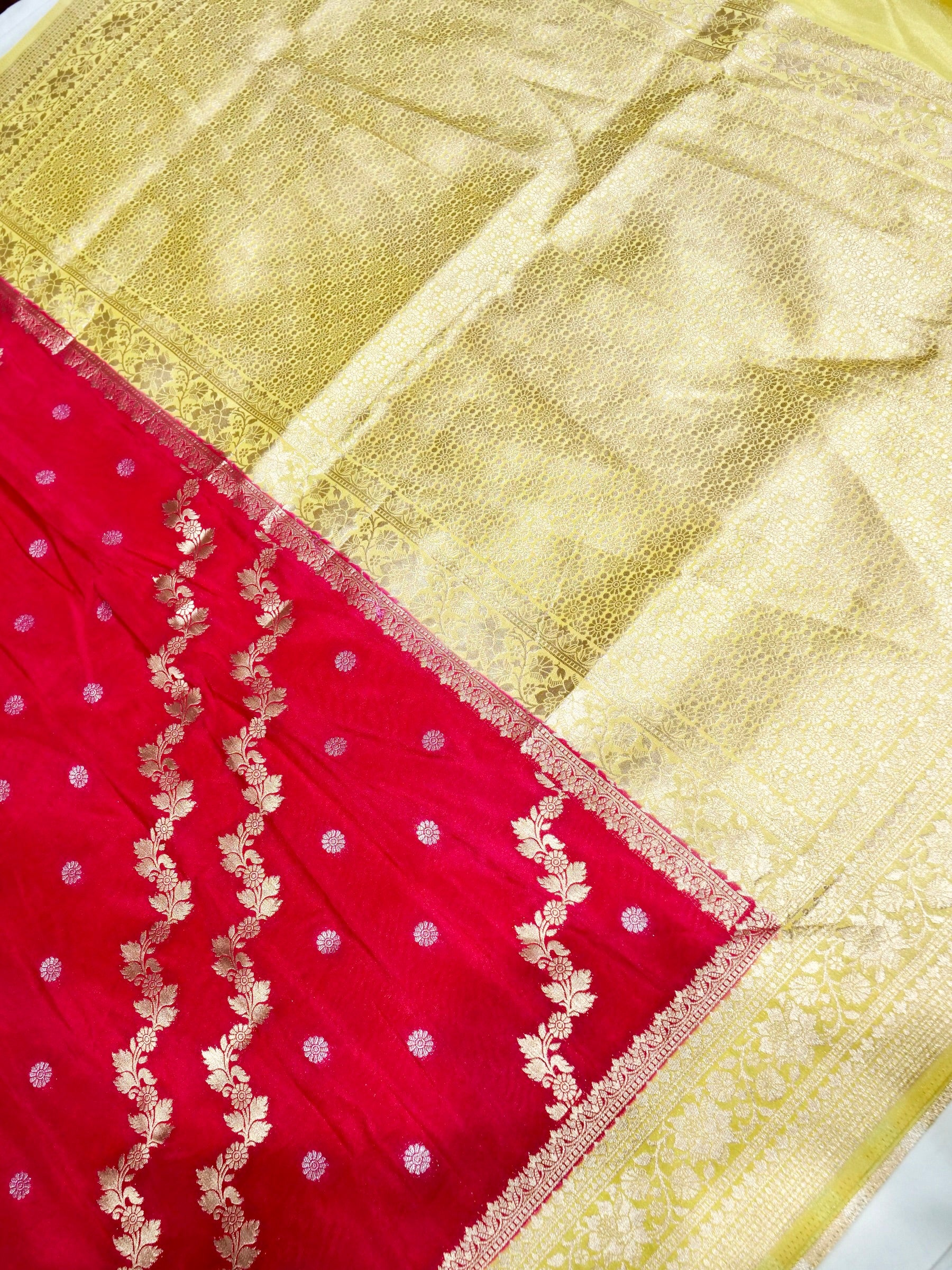 Hot Pink Crepe Georgette Silk Saree with Champagne Gold Border