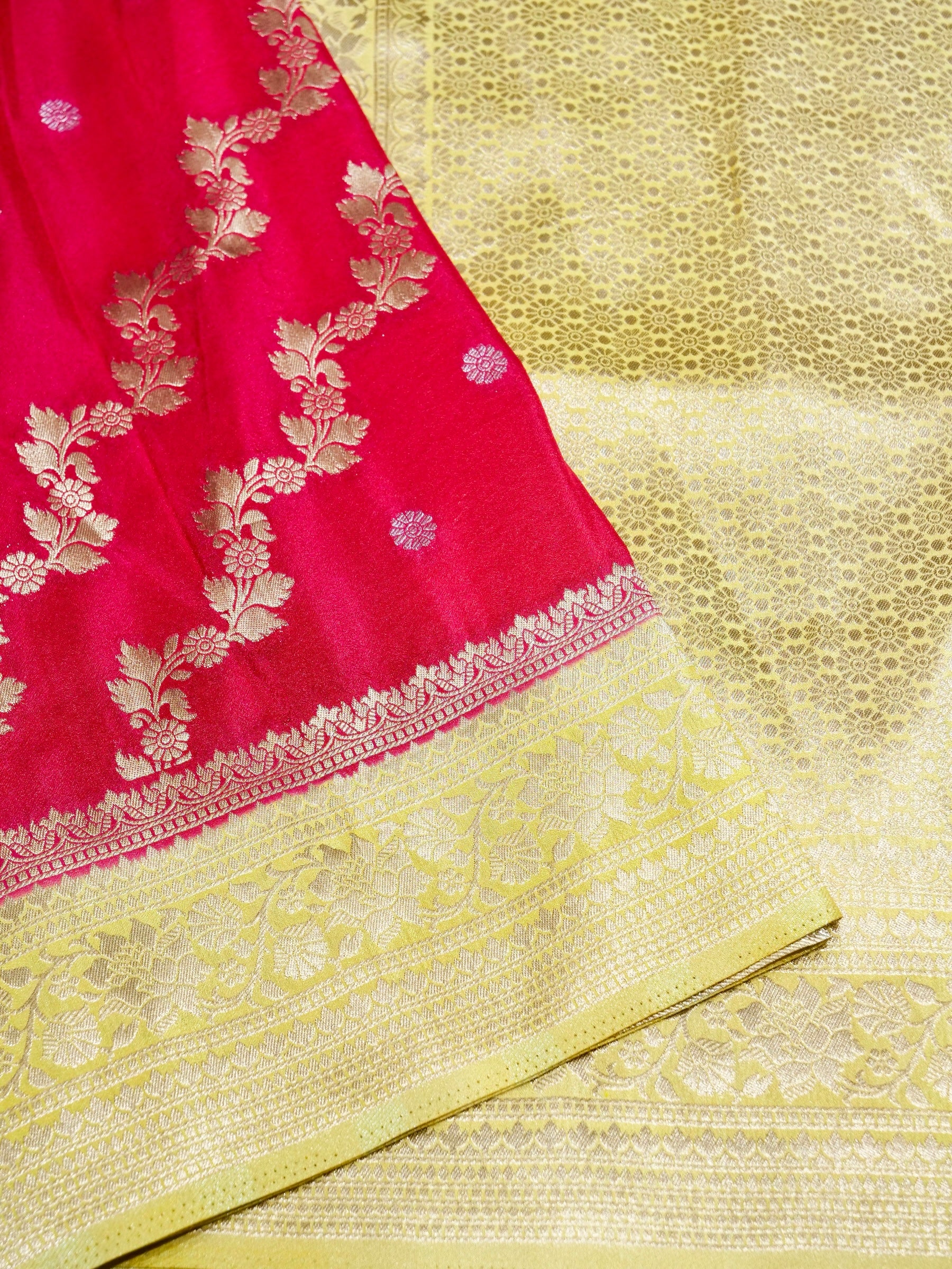 Hot Pink Crepe Georgette Silk Saree with Champagne Gold Border