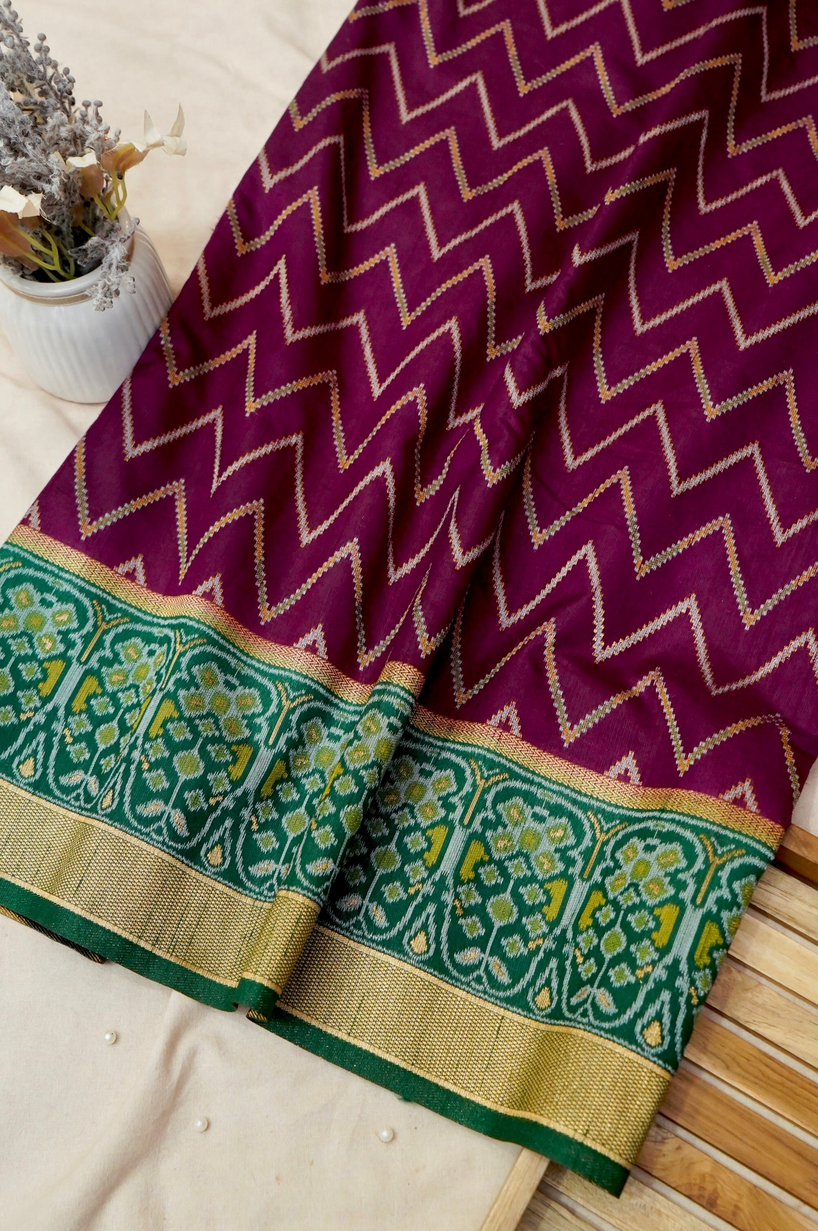 Plum Purple Dupion Patola Saree with Olive-Gold Border & Geometric Ikat Pattern
