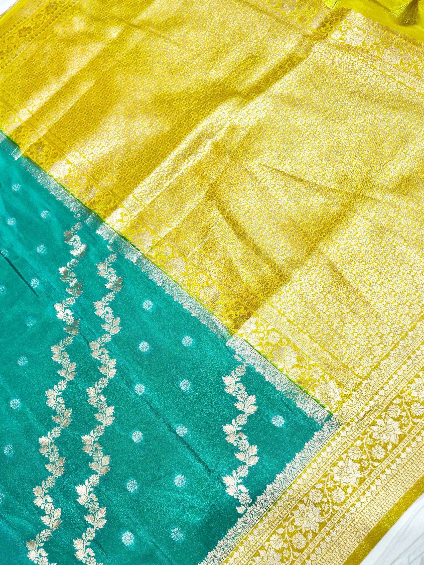 Peacock Teal Crepe Georgette Silk Saree with Olive Gold Border