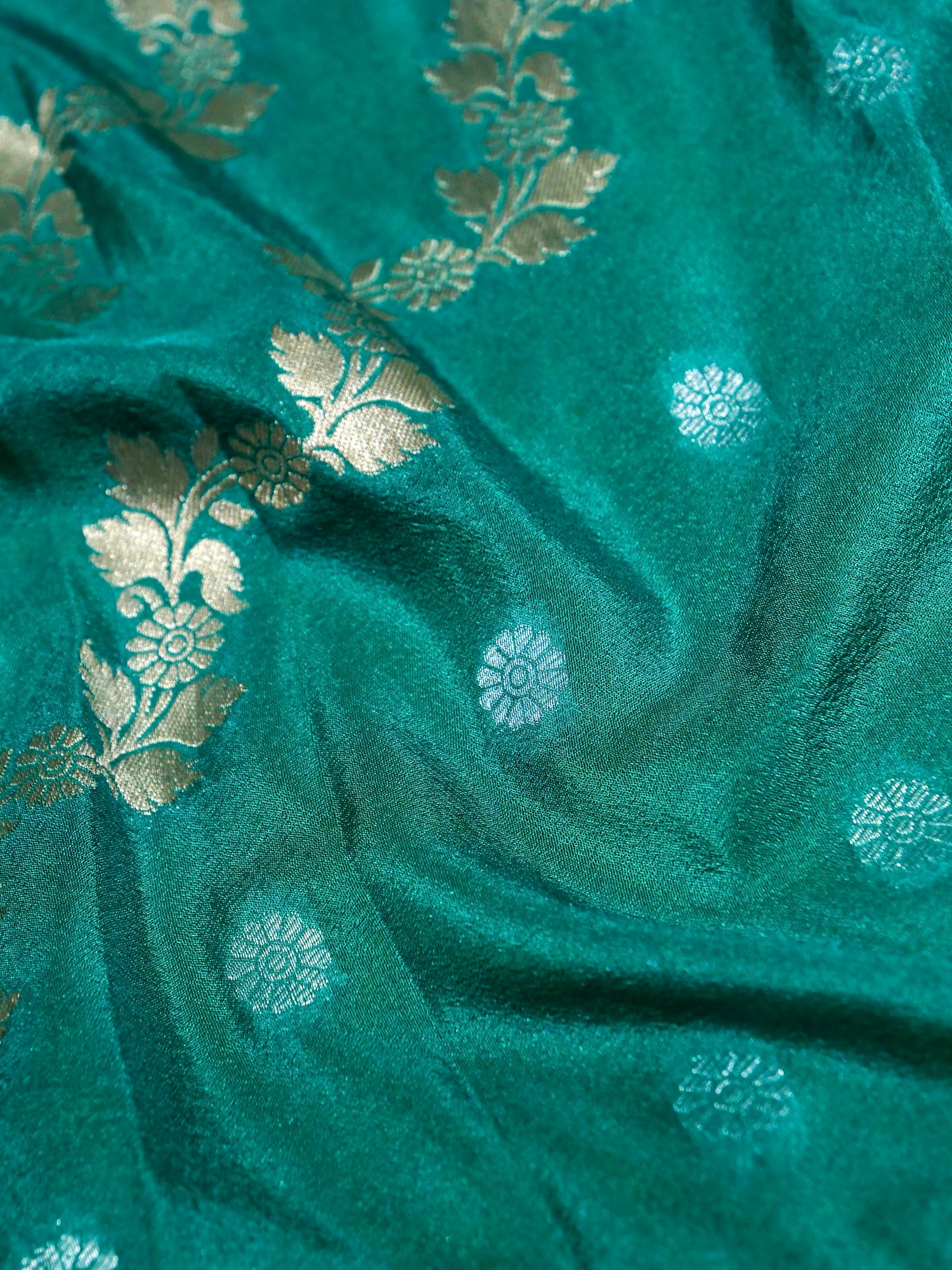Peacock Teal Crepe Georgette Silk Saree with Olive Gold Border