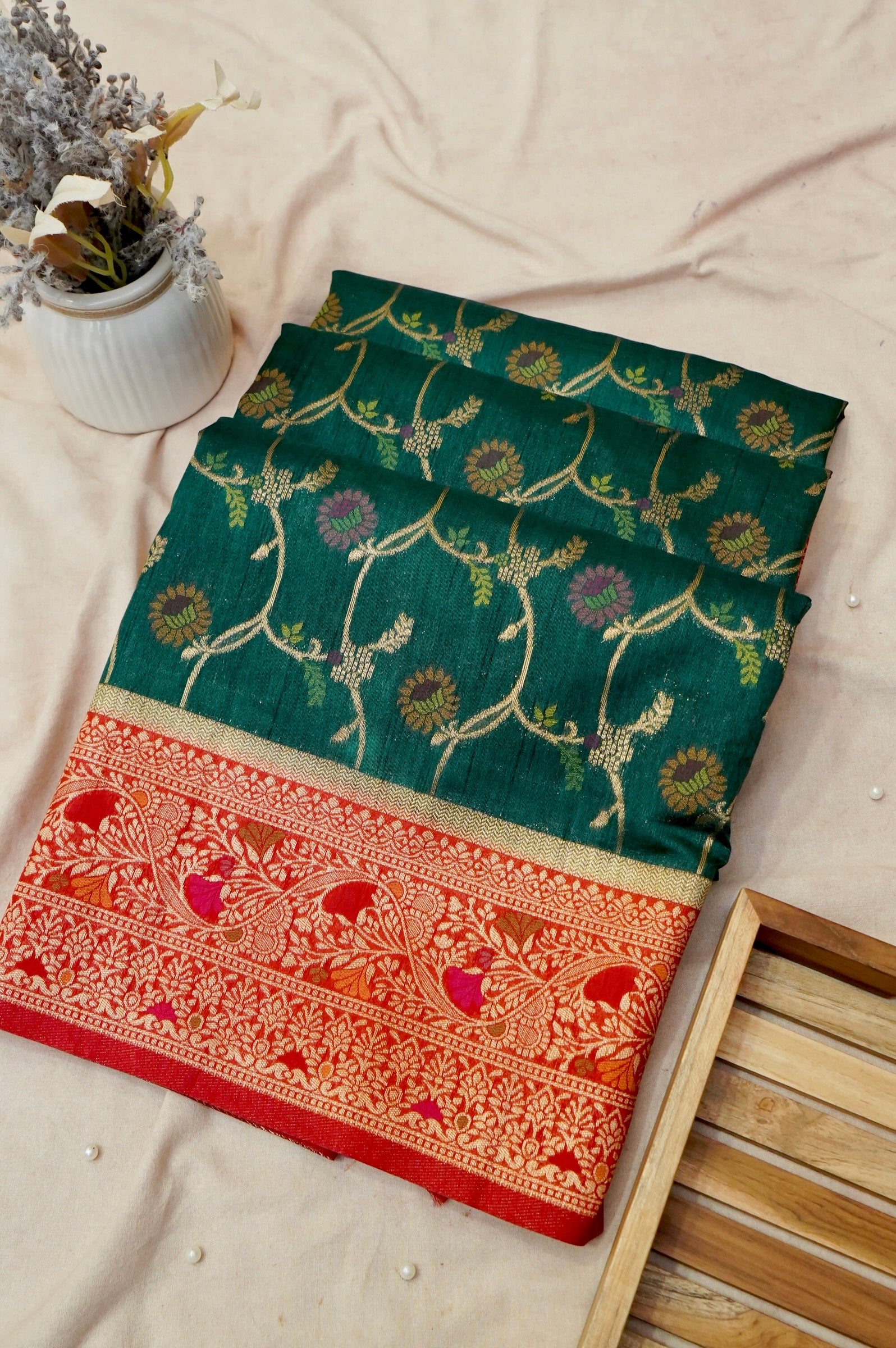 Bottle Green Dupion Patola Saree with Rust-Red Border & Intricate Gold Zari Work