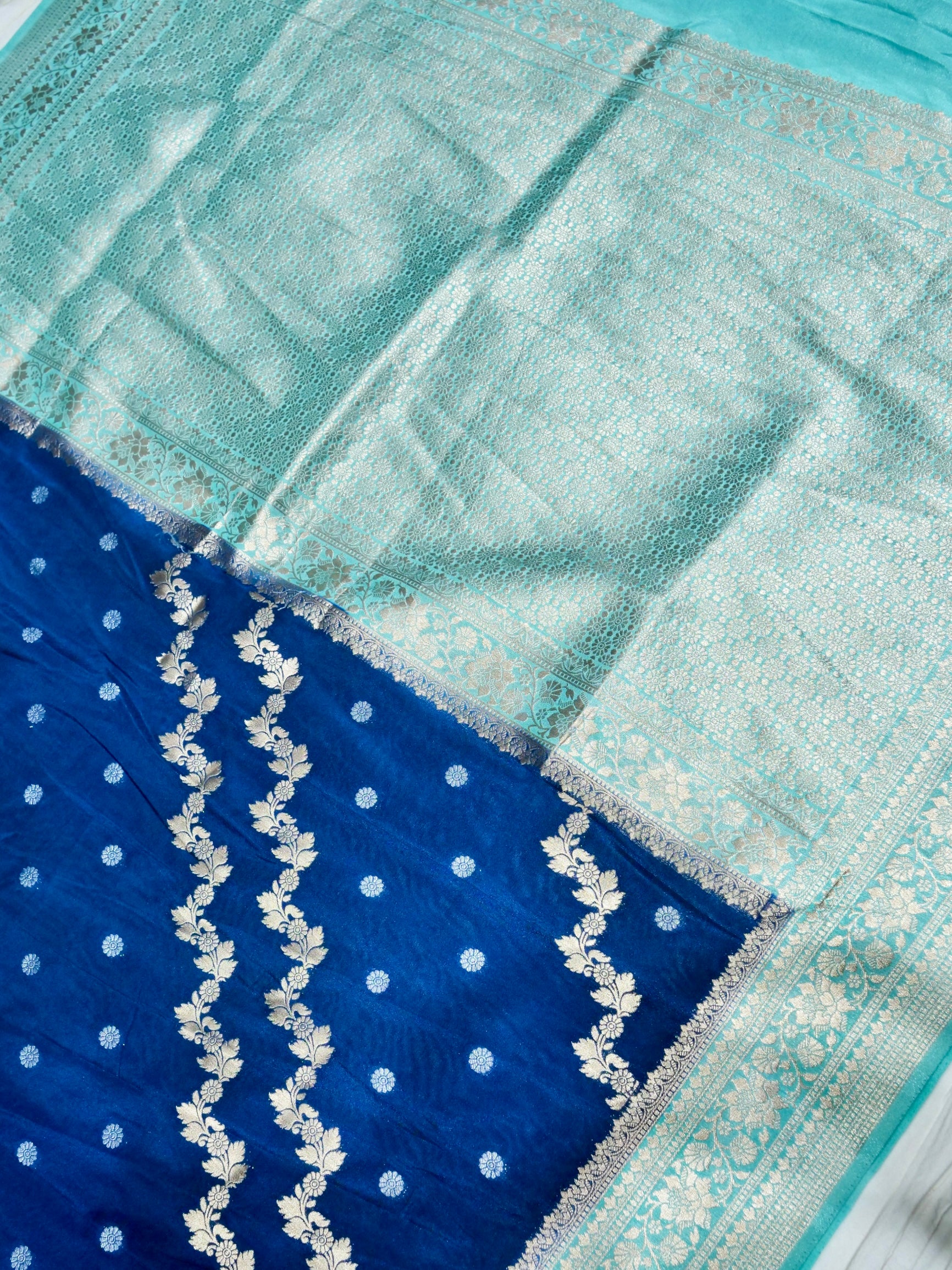 Royal Blue Crepe Georgette Silk Saree with Aqua Blue Border