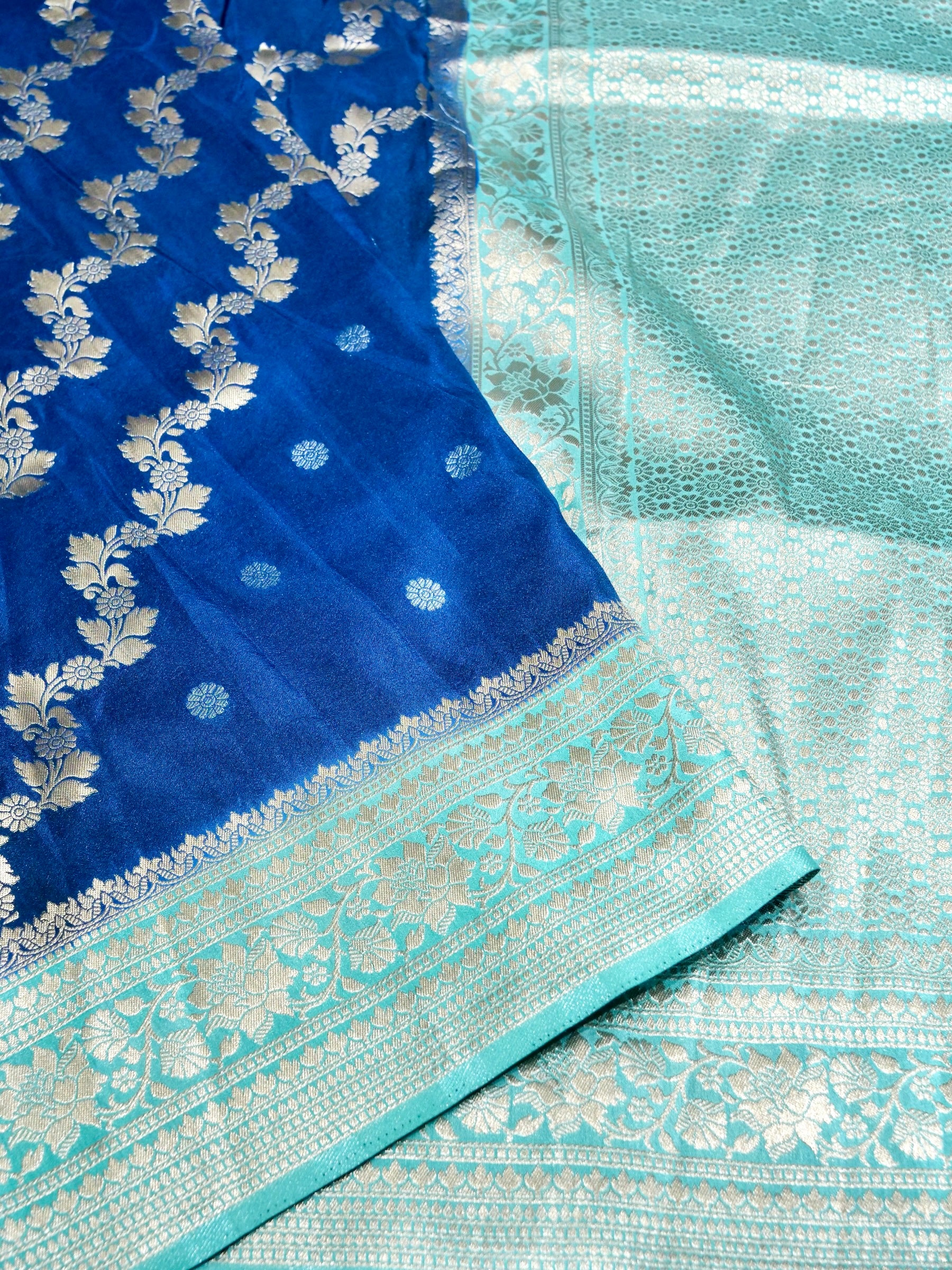Royal Blue Crepe Georgette Silk Saree with Aqua Blue Border