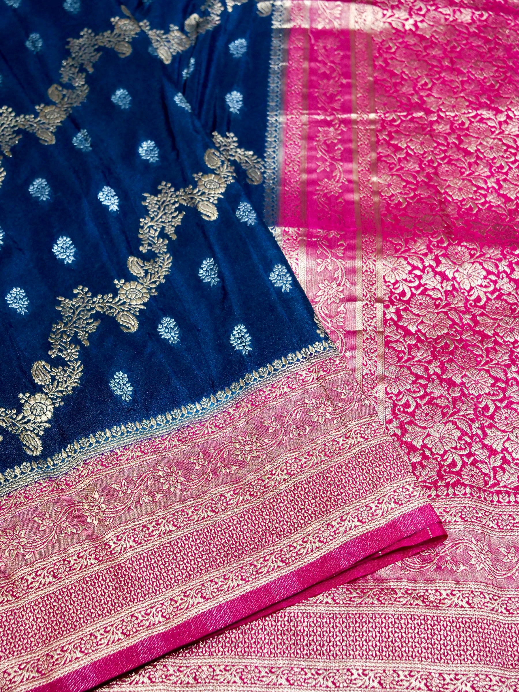 Deep Sapphire Blue Crepe Georgette Silk Saree with Hot Pink Border