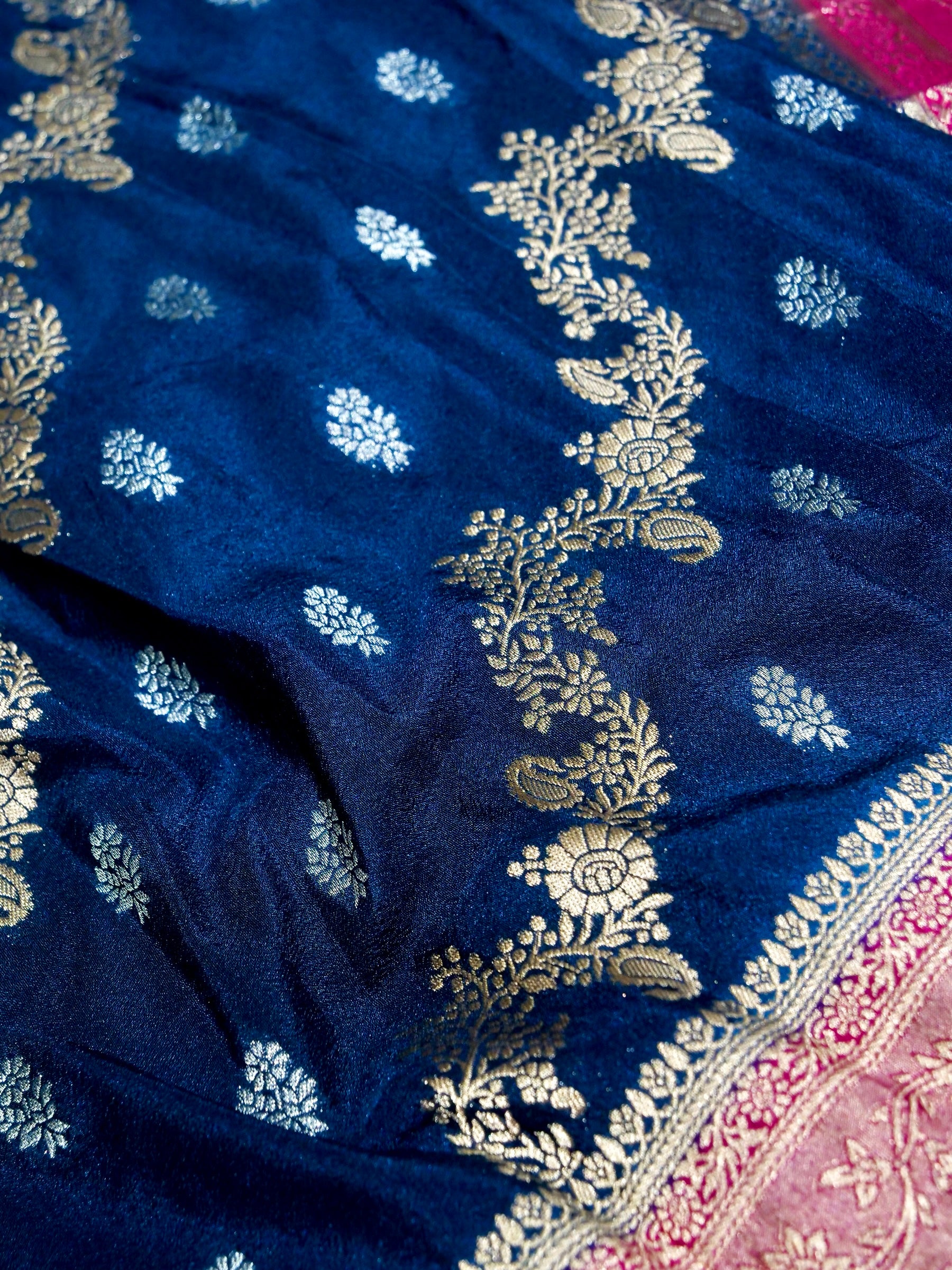 Deep Sapphire Blue Crepe Georgette Silk Saree with Hot Pink Border