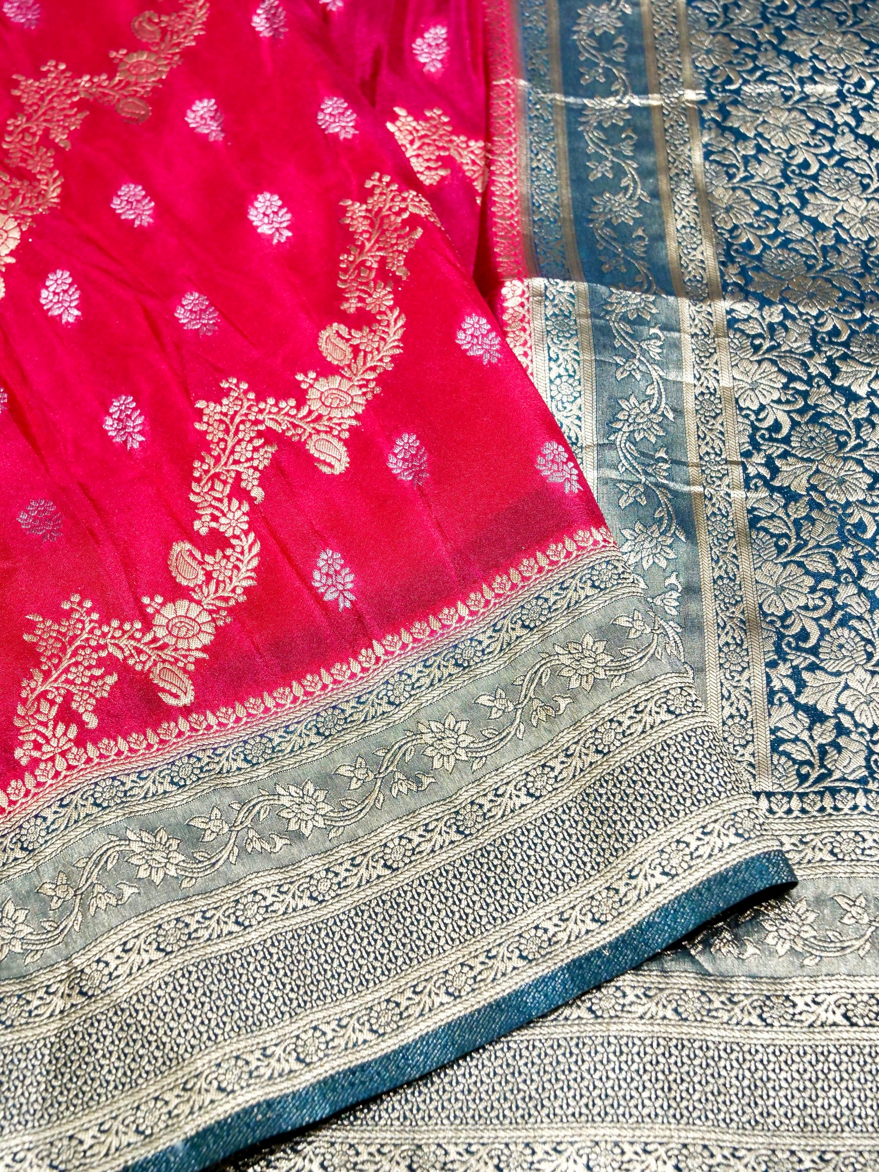 Rani Pink Crepe Georgette Silk Saree with Champagne Gold Border
