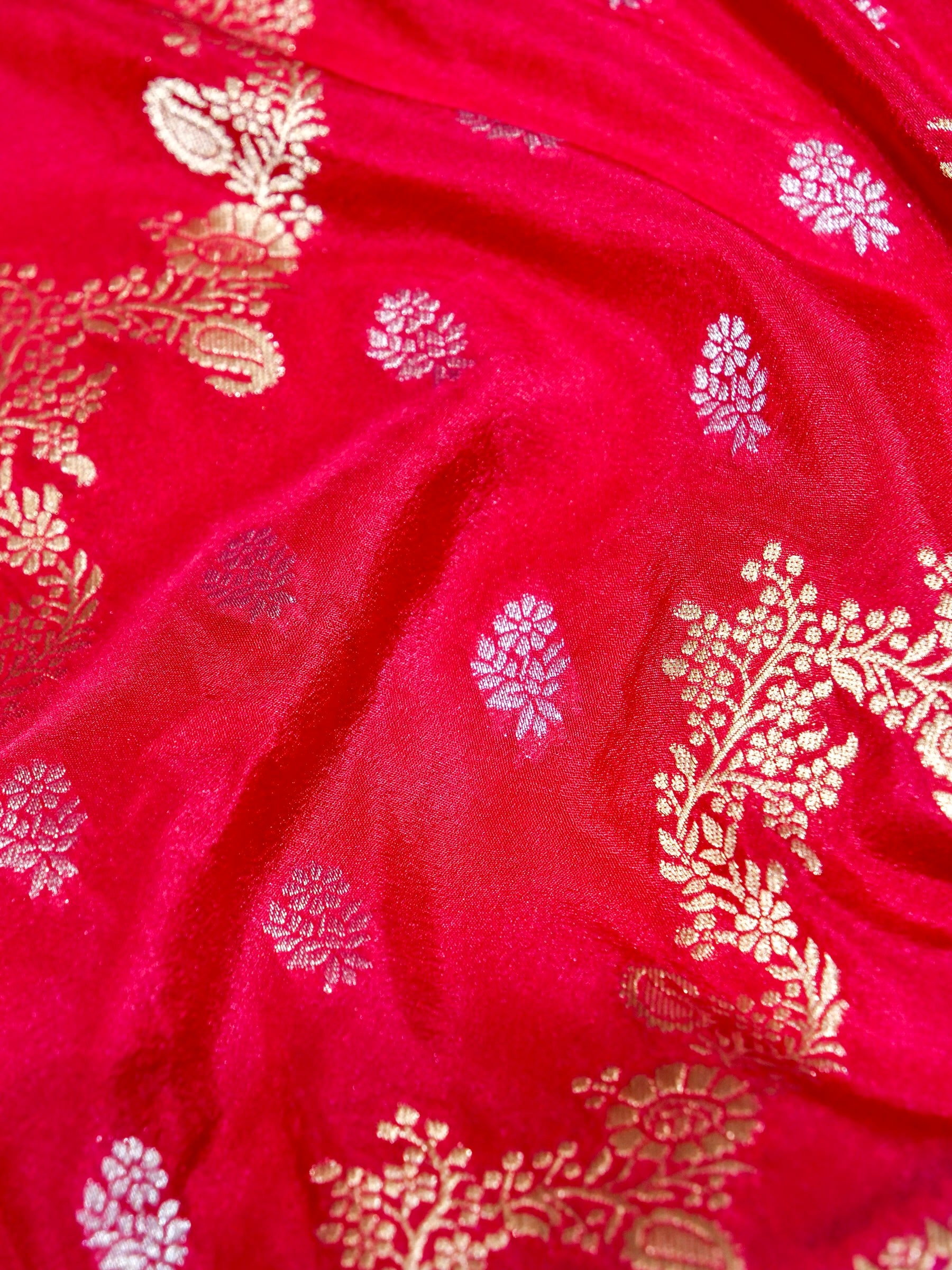 Rani Pink Crepe Georgette Silk Saree with Champagne Gold Border