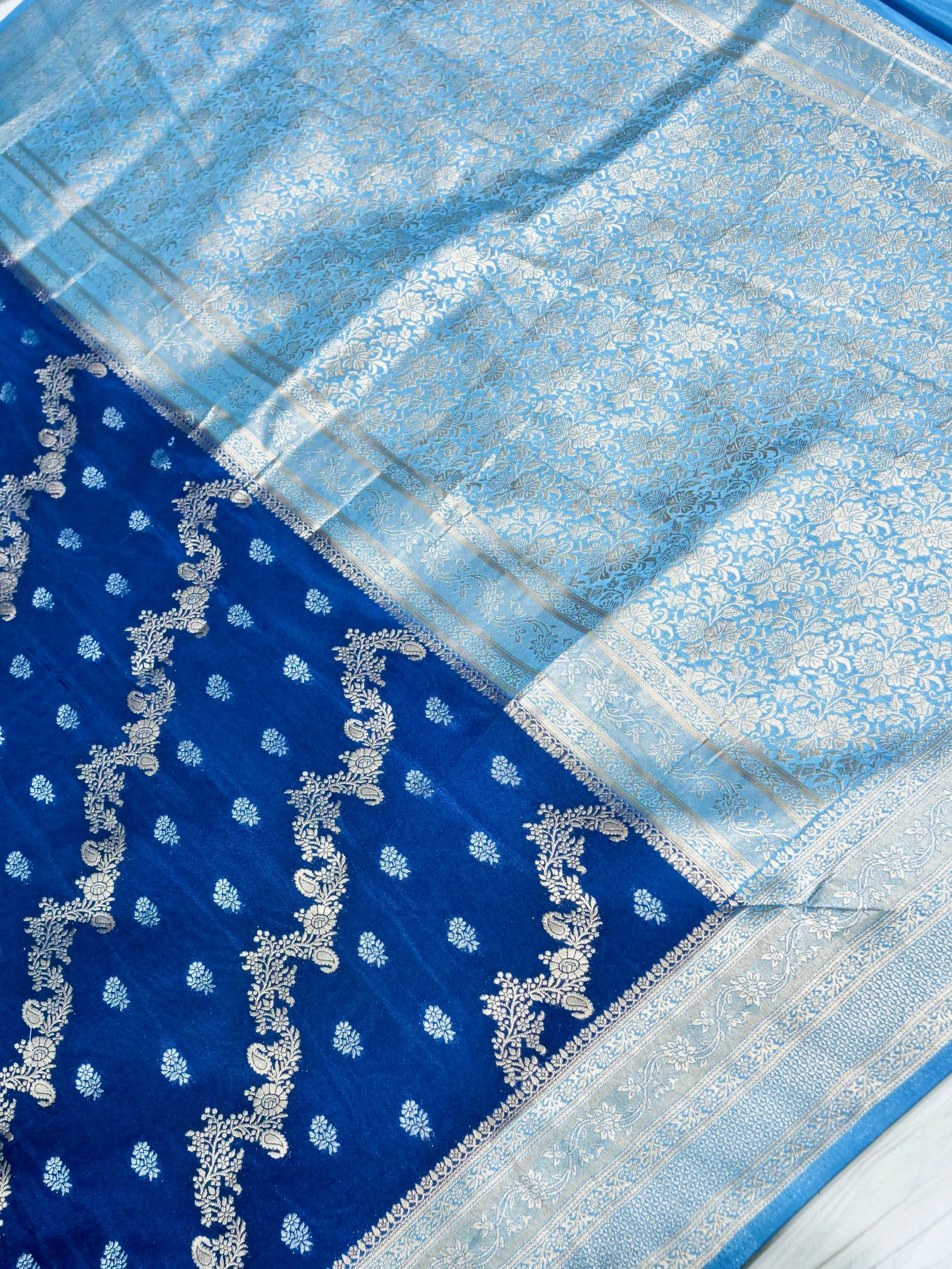 Royal Blue Crepe Georgette Silk Saree with Powder Blue and Champagne Gold Border