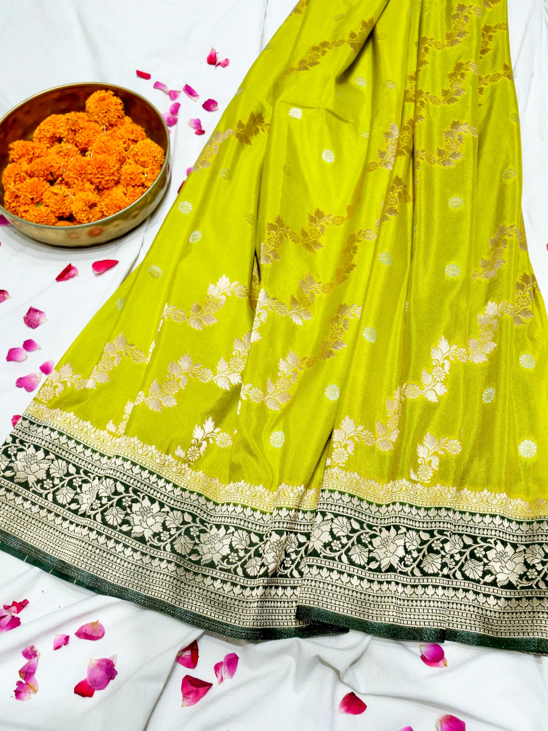 Lime Yellow Green Crepe Georgette Silk Saree with Bottle Green Border