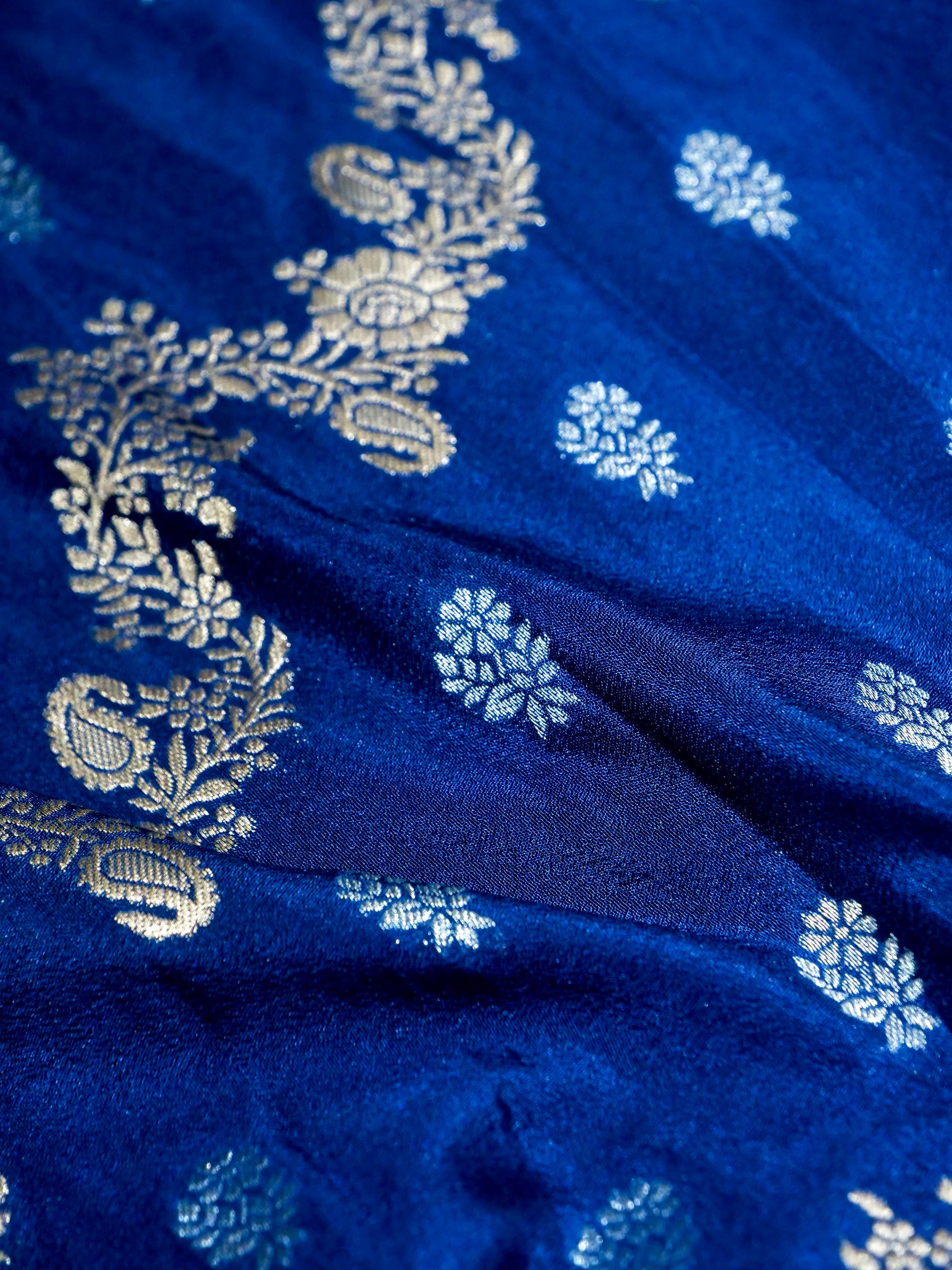 Royal Blue Crepe Georgette Silk Saree with Powder Blue and Champagne Gold Border